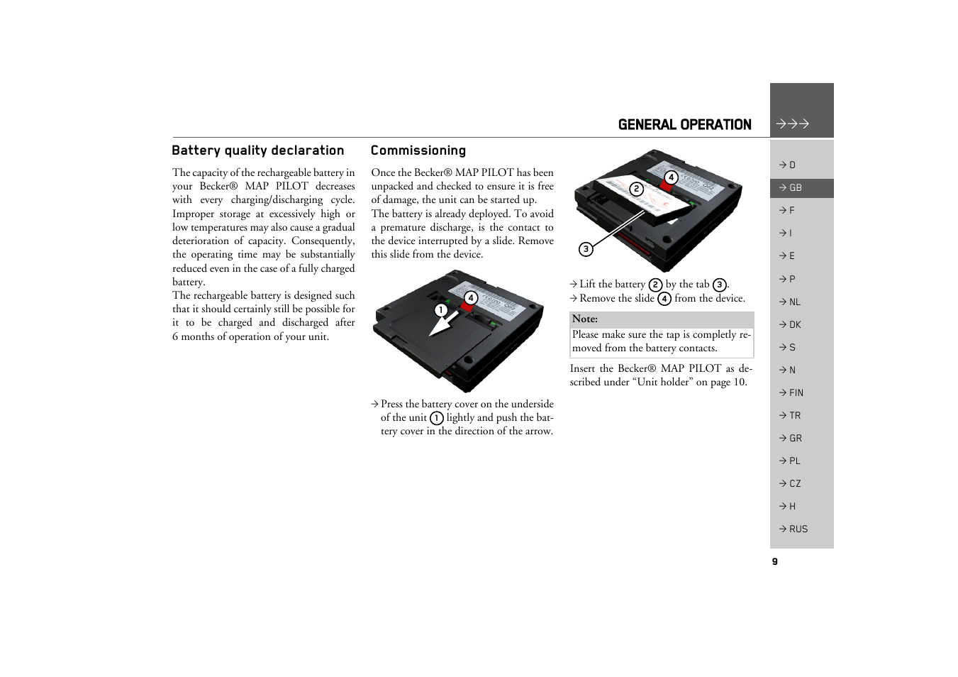 Battery quality declaration, Commissioning, General operation | Becker MAP PILOT OPERATION GUIDE User Manual | Page 9 / 58