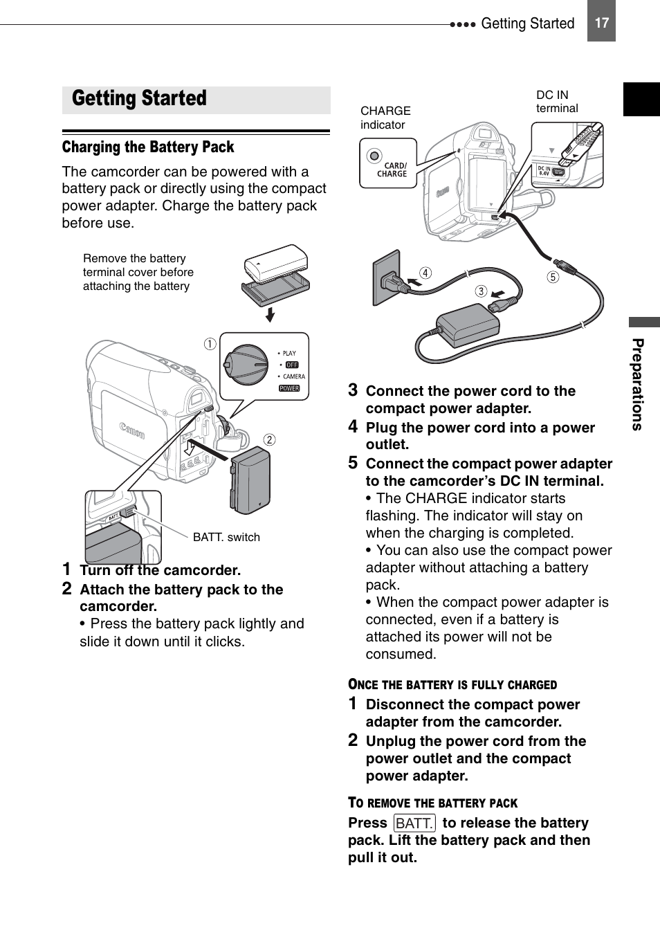 Preparations, Getting started, Charging the battery pack | Canon DIGITAL VIDEO CAMCORDER MD130 User Manual | Page 17 / 94