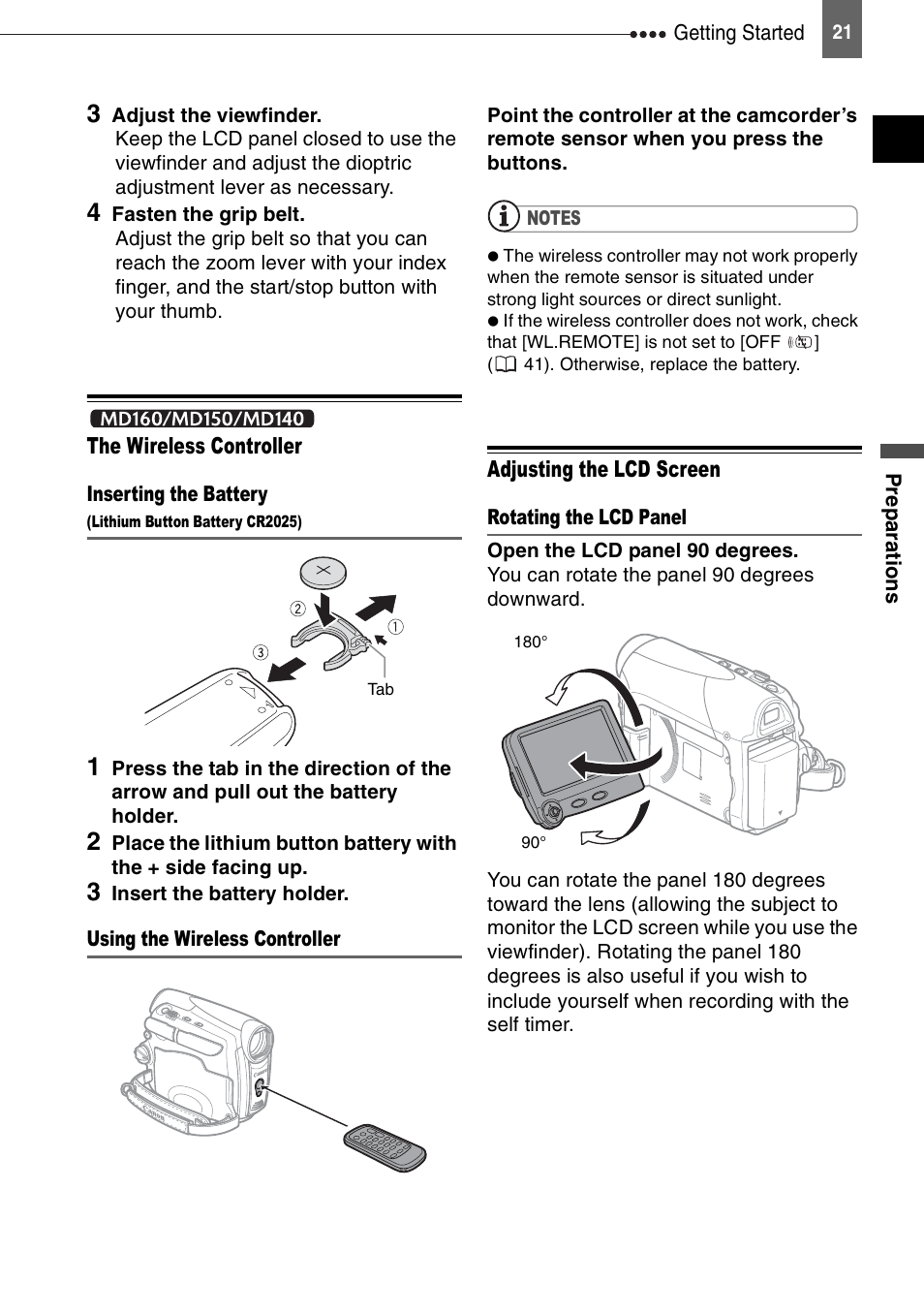 Md160/md150/md140 the wireless controller, Adjusting the lcd screen | Canon DIGITAL VIDEO CAMCORDER MD130 User Manual | Page 21 / 94
