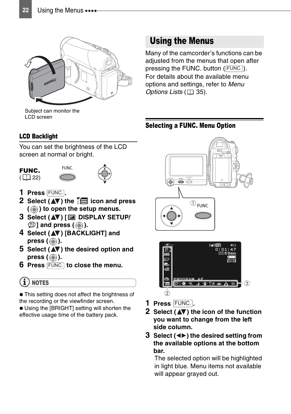 Using the menus, Selecting a func. menu option | Canon DIGITAL VIDEO CAMCORDER MD130 User Manual | Page 22 / 94