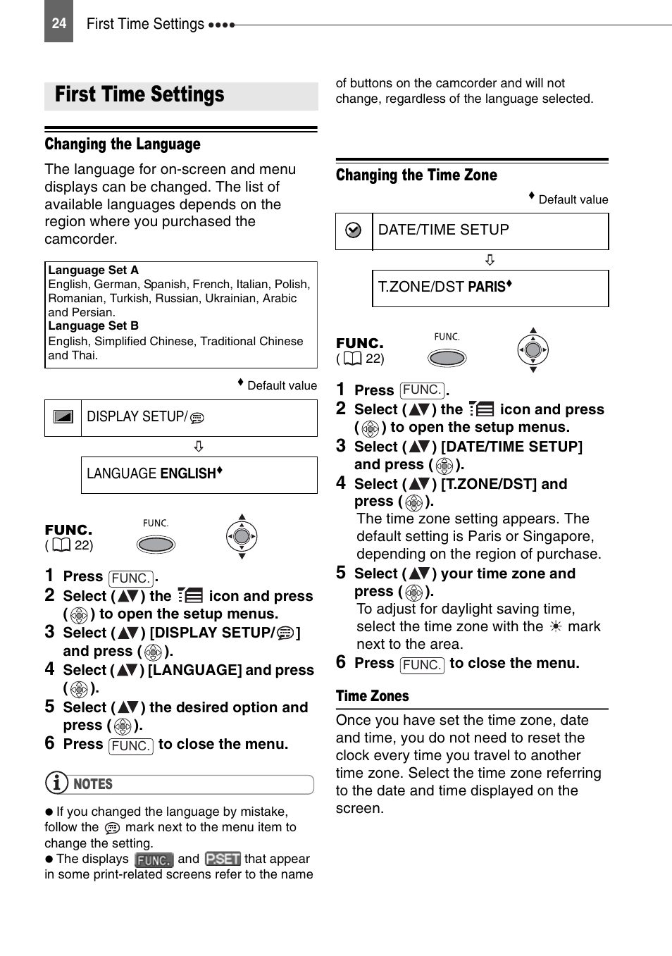 First time settings, Changing the language, Changing the time zone | Canon DIGITAL VIDEO CAMCORDER MD130 User Manual | Page 24 / 94
