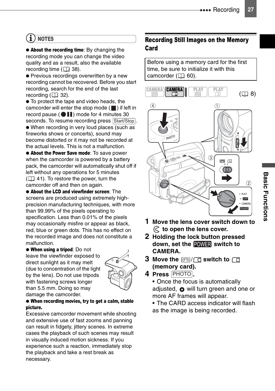 Recording still images on the memory card | Canon DIGITAL VIDEO CAMCORDER MD130 User Manual | Page 27 / 94