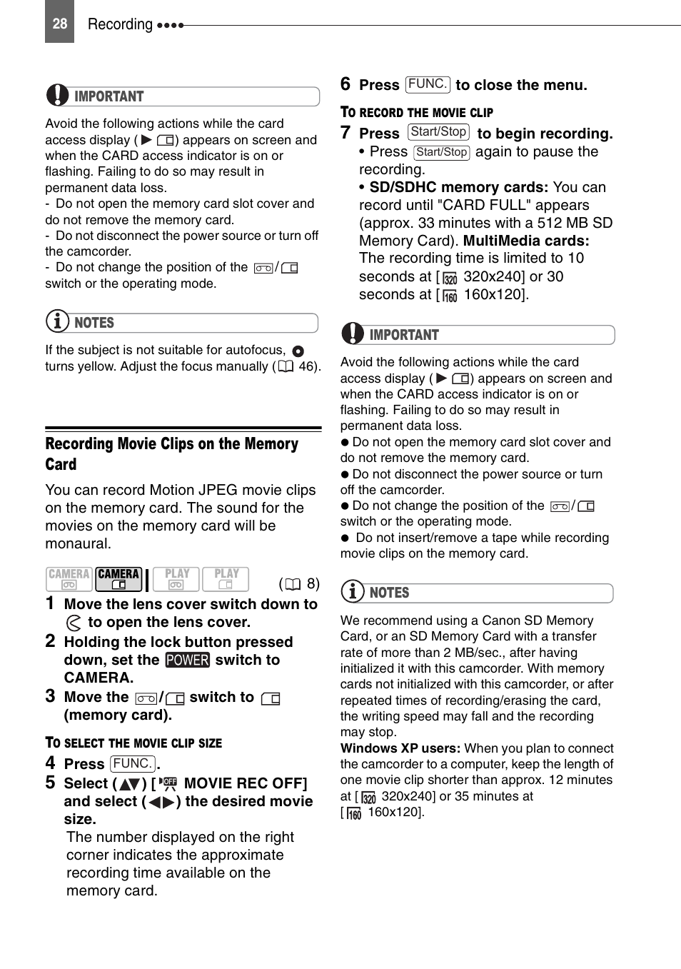 Recording movie clips on the memory card | Canon DIGITAL VIDEO CAMCORDER MD130 User Manual | Page 28 / 94