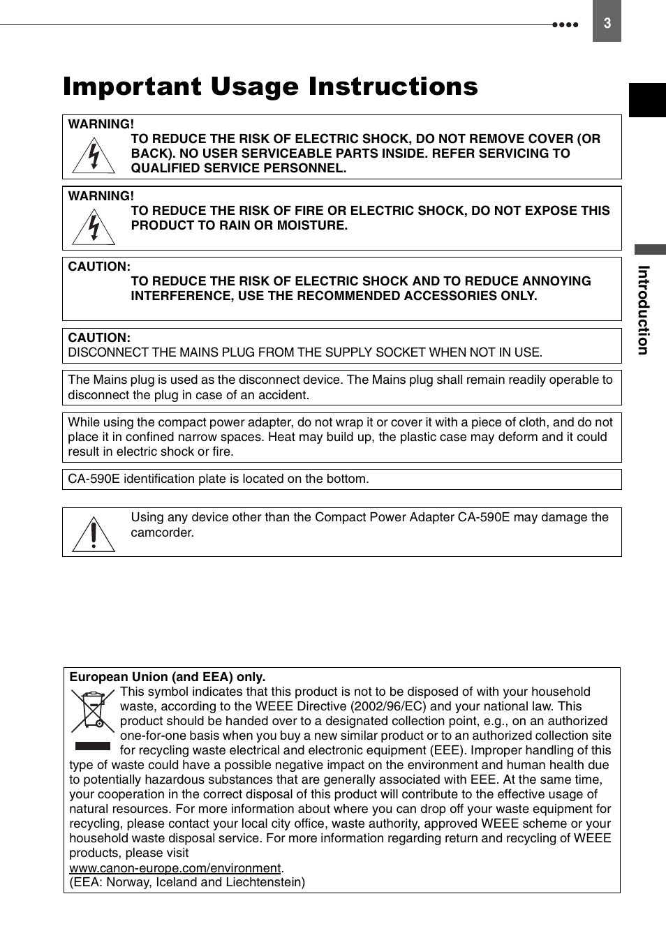 Important usage instructions | Canon DIGITAL VIDEO CAMCORDER MD130 User Manual | Page 3 / 94