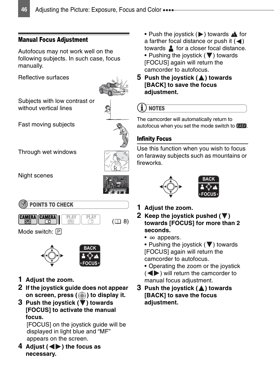 Manual focus adjustment | Canon DIGITAL VIDEO CAMCORDER MD130 User Manual | Page 46 / 94