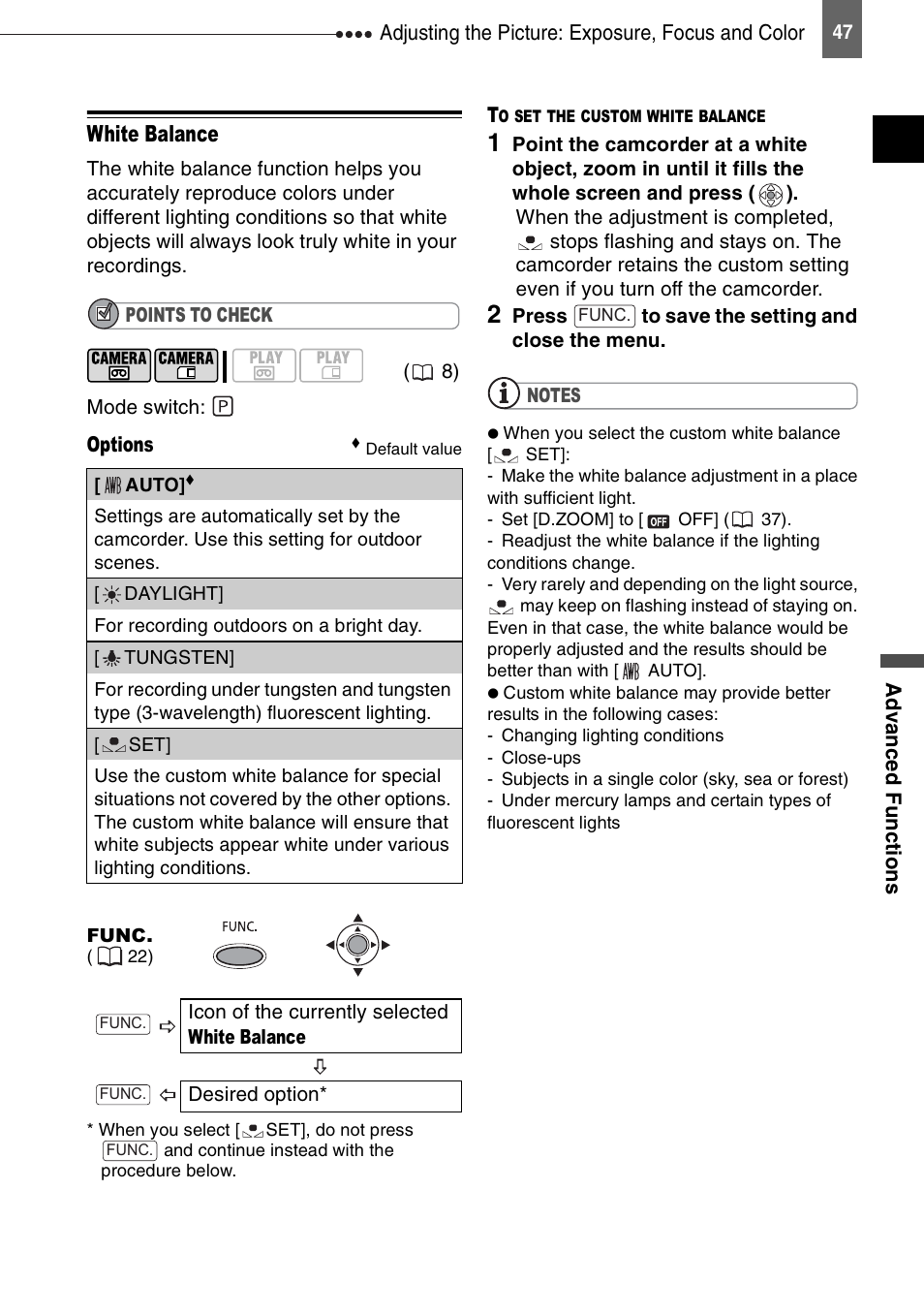 White balance | Canon DIGITAL VIDEO CAMCORDER MD130 User Manual | Page 47 / 94