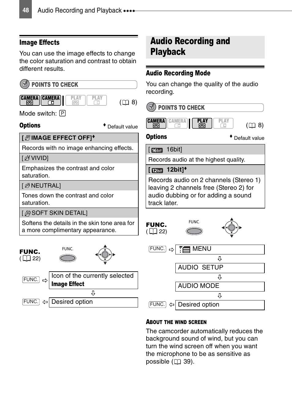 Image effects, Audio recording and playback, Audio recording mode | Canon DIGITAL VIDEO CAMCORDER MD130 User Manual | Page 48 / 94