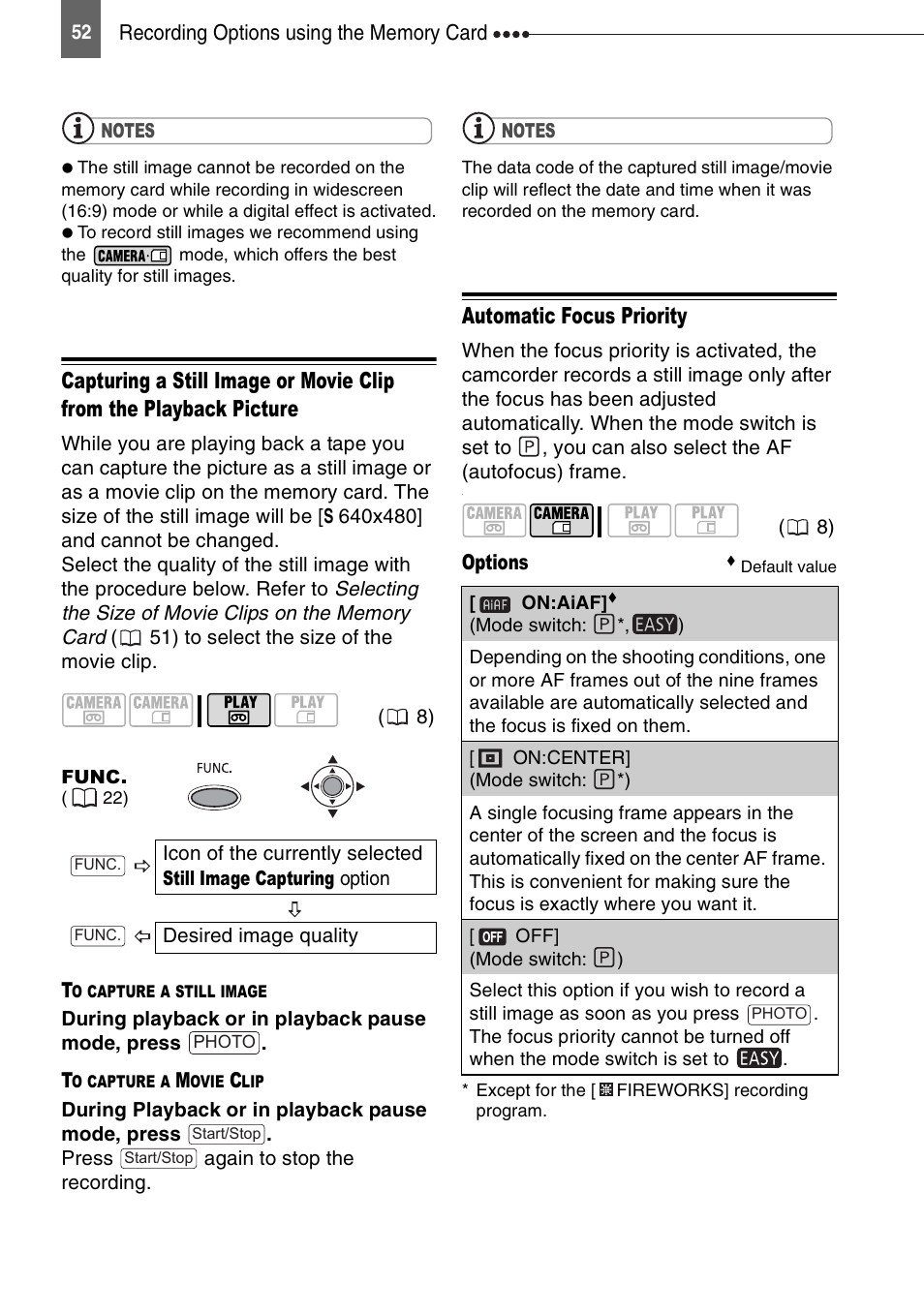 Automatic focus priority | Canon DIGITAL VIDEO CAMCORDER MD130 User Manual | Page 52 / 94