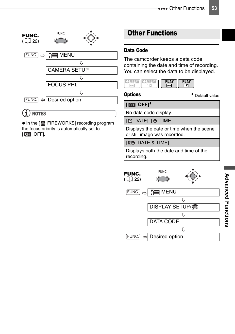 Other functions, Data code | Canon DIGITAL VIDEO CAMCORDER MD130 User Manual | Page 53 / 94
