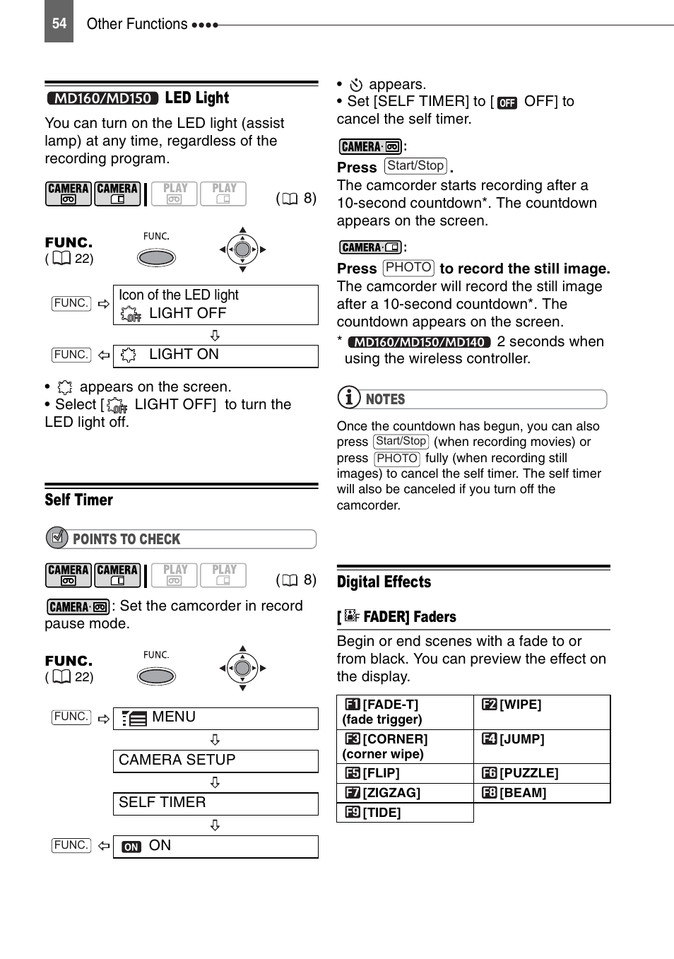 Md160/md150 led light, Self timer, Digital effects | Led light | Canon DIGITAL VIDEO CAMCORDER MD130 User Manual | Page 54 / 94