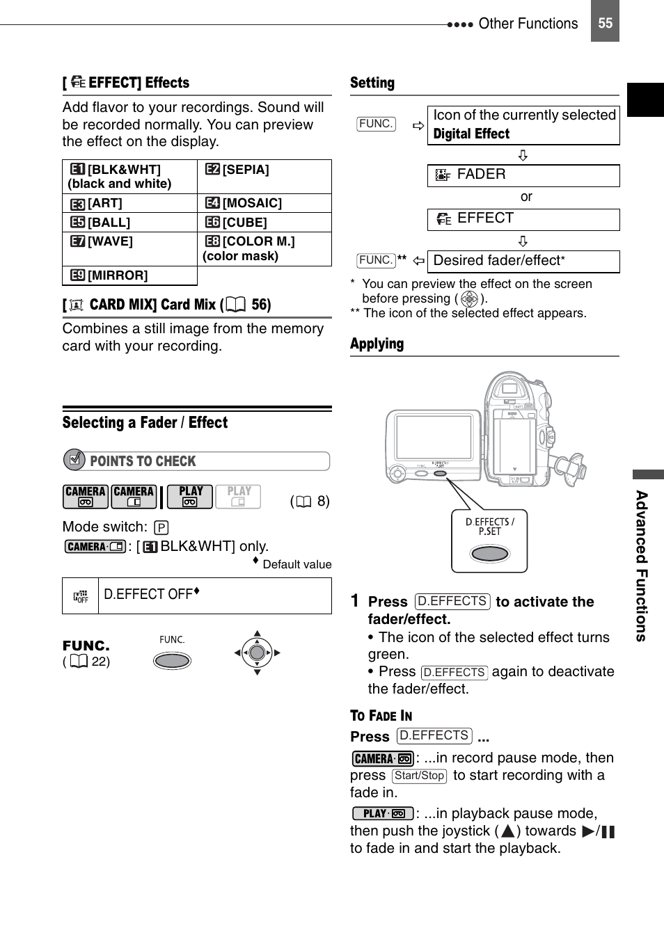 Selecting a fader / effect | Canon DIGITAL VIDEO CAMCORDER MD130 User Manual | Page 55 / 94