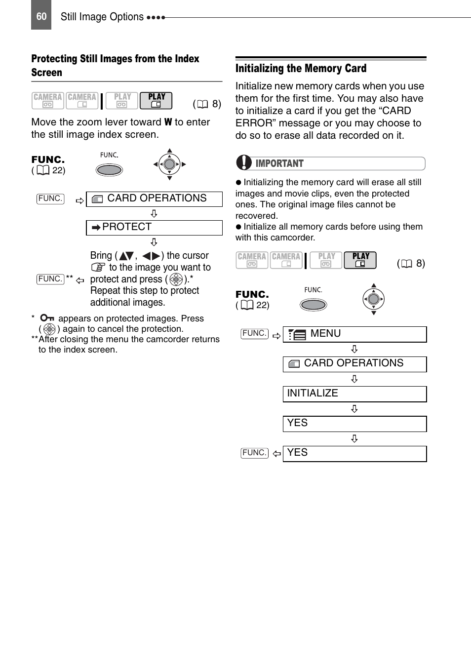 Initializing the memory card | Canon DIGITAL VIDEO CAMCORDER MD130 User Manual | Page 60 / 94