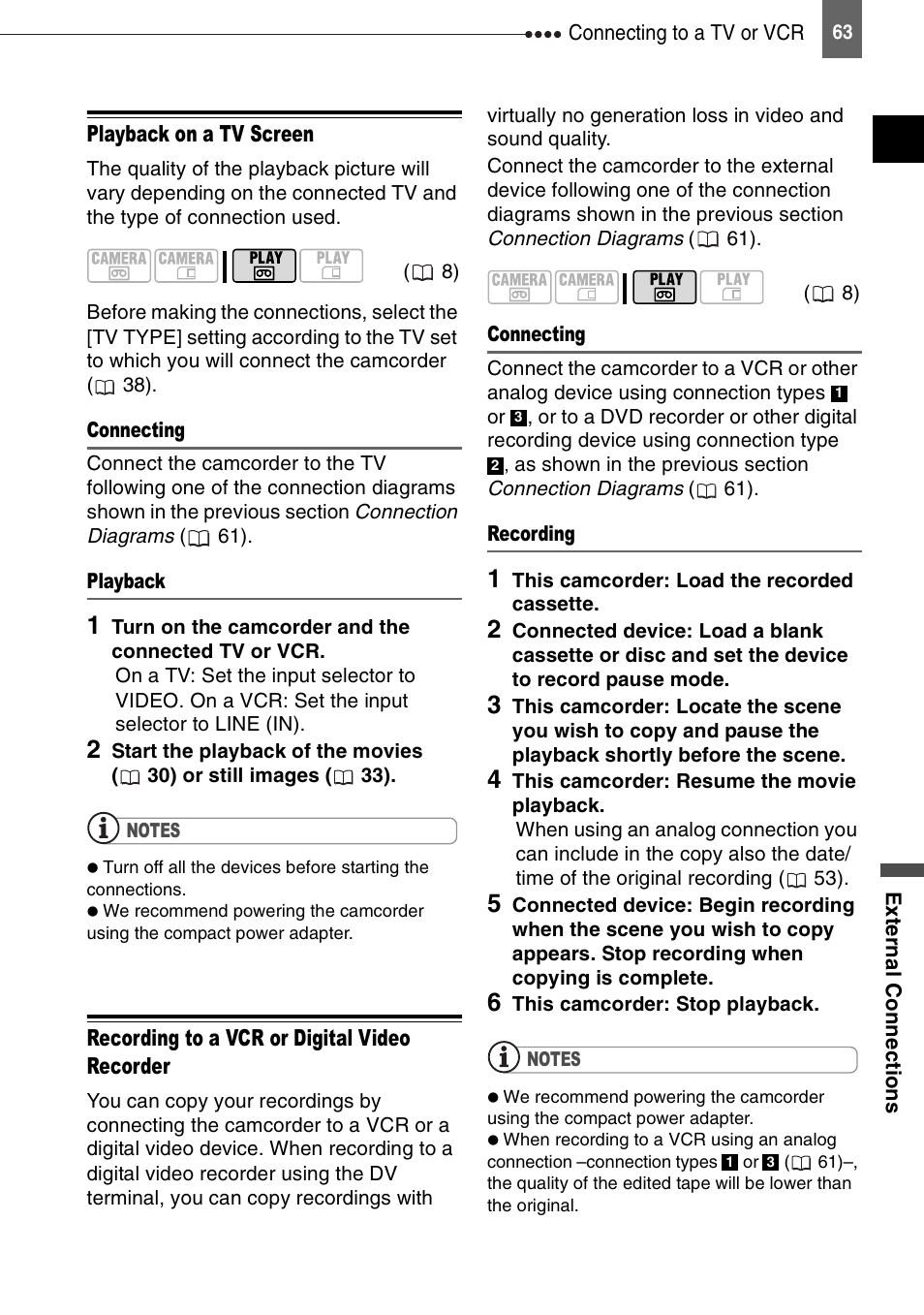 Playback on a tv screen, Recording to a vcr or digital video recorder | Canon DIGITAL VIDEO CAMCORDER MD130 User Manual | Page 63 / 94