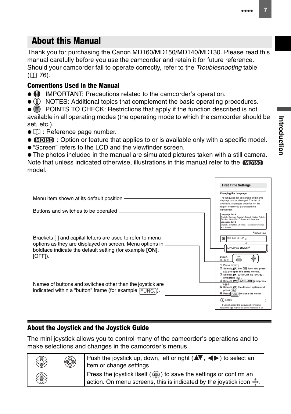 About this manual, Conventions used in the manual, About the joystick and the joystick guide | Troubleshooting, Table ( 76) | Canon DIGITAL VIDEO CAMCORDER MD130 User Manual | Page 7 / 94