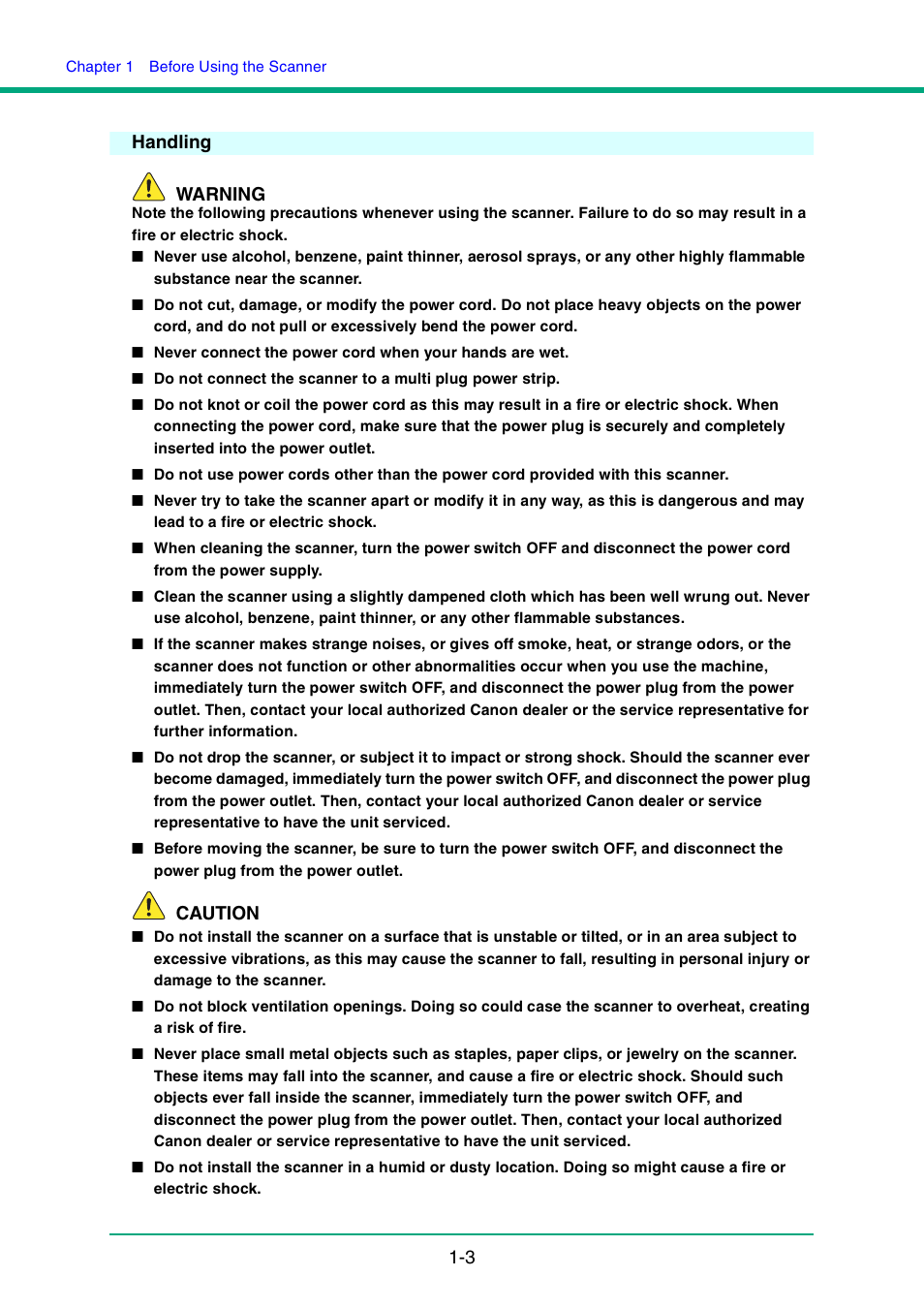 Handling, Handling -3, 3 handling warning | Caution | Canon DR-4010C User Manual | Page 10 / 142