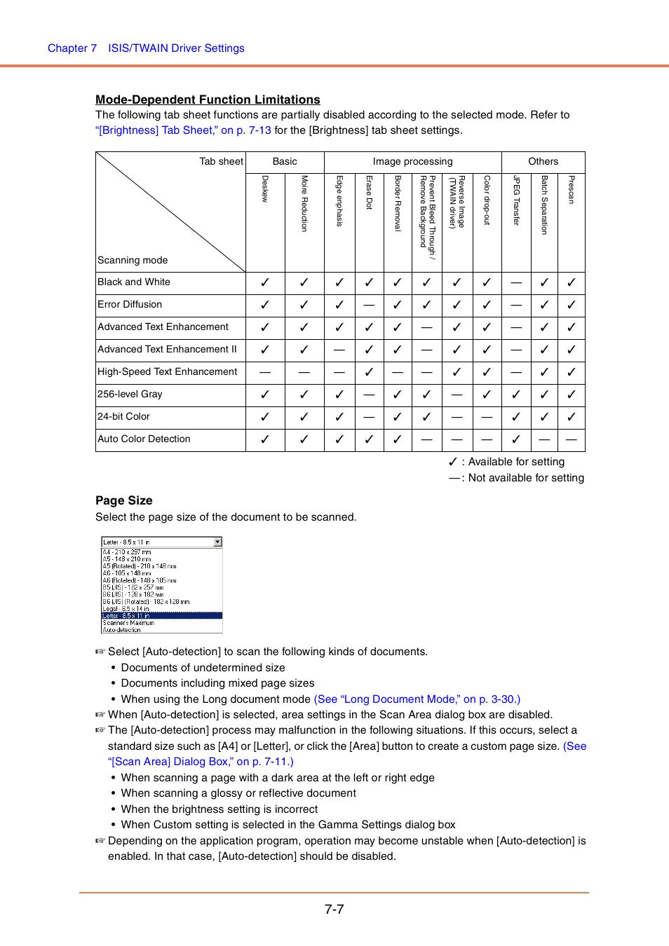 Mode-dependent function limitations, Page size | Canon DR-4010C User Manual | Page 102 / 142