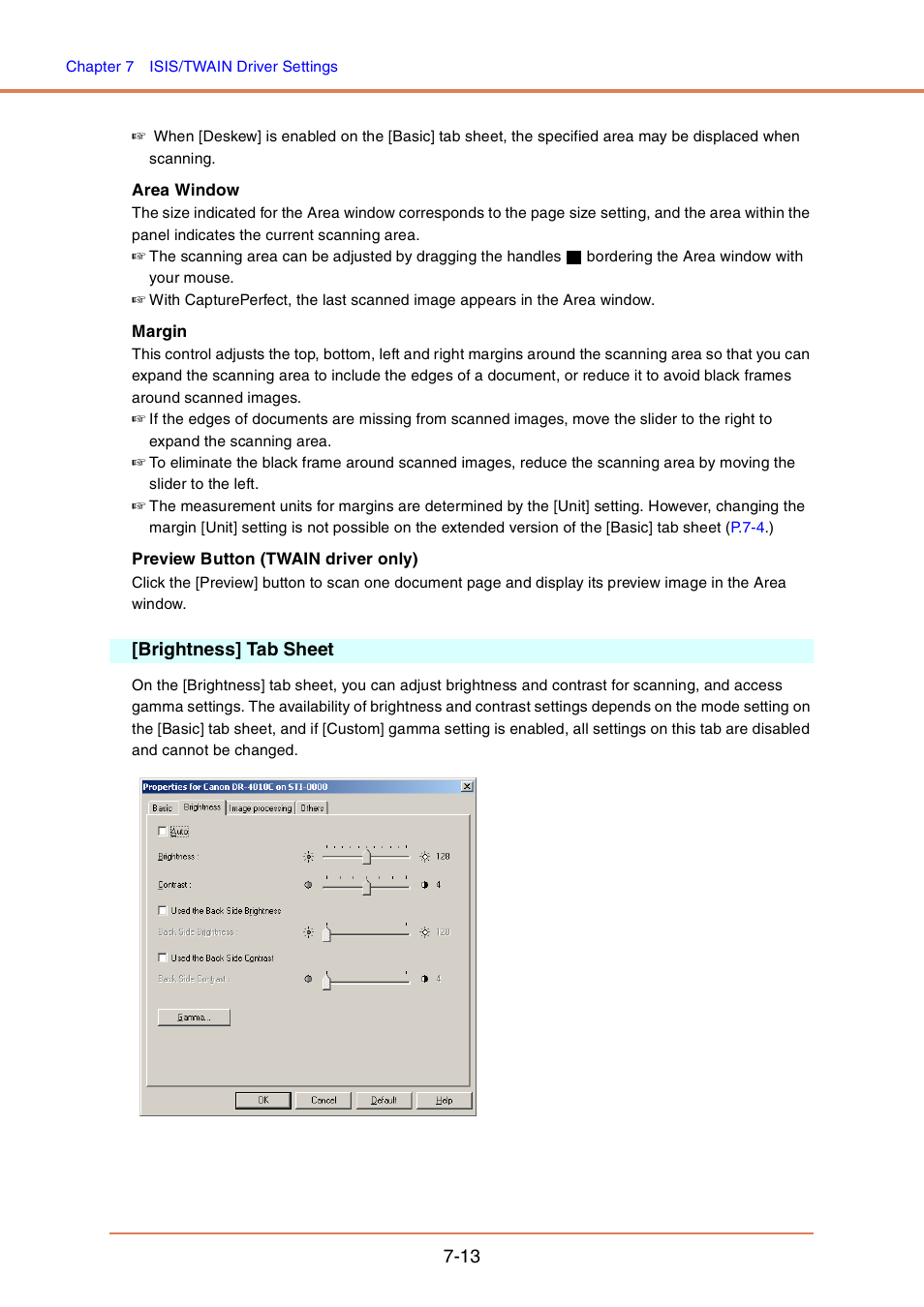 Brightness] tab sheet, Brightness] tab sheet -13, Brightness] tab sheet,” on p. 7-13 | Canon DR-4010C User Manual | Page 108 / 142