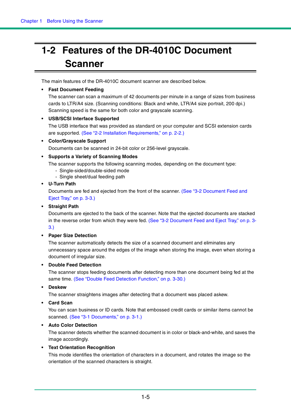 2 features of the dr-4010c document scanner, Features of the dr-4010c document scanner -5 | Canon DR-4010C User Manual | Page 12 / 142