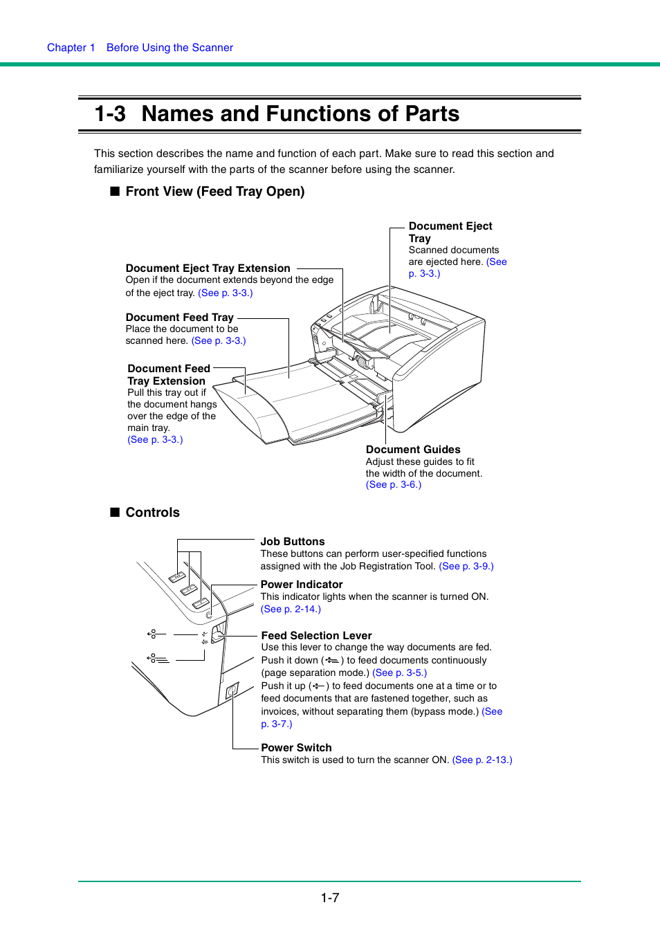 3 names and functions of parts, Names and functions of parts -7, Front view (feed tray open) ■ controls | Canon DR-4010C User Manual | Page 14 / 142