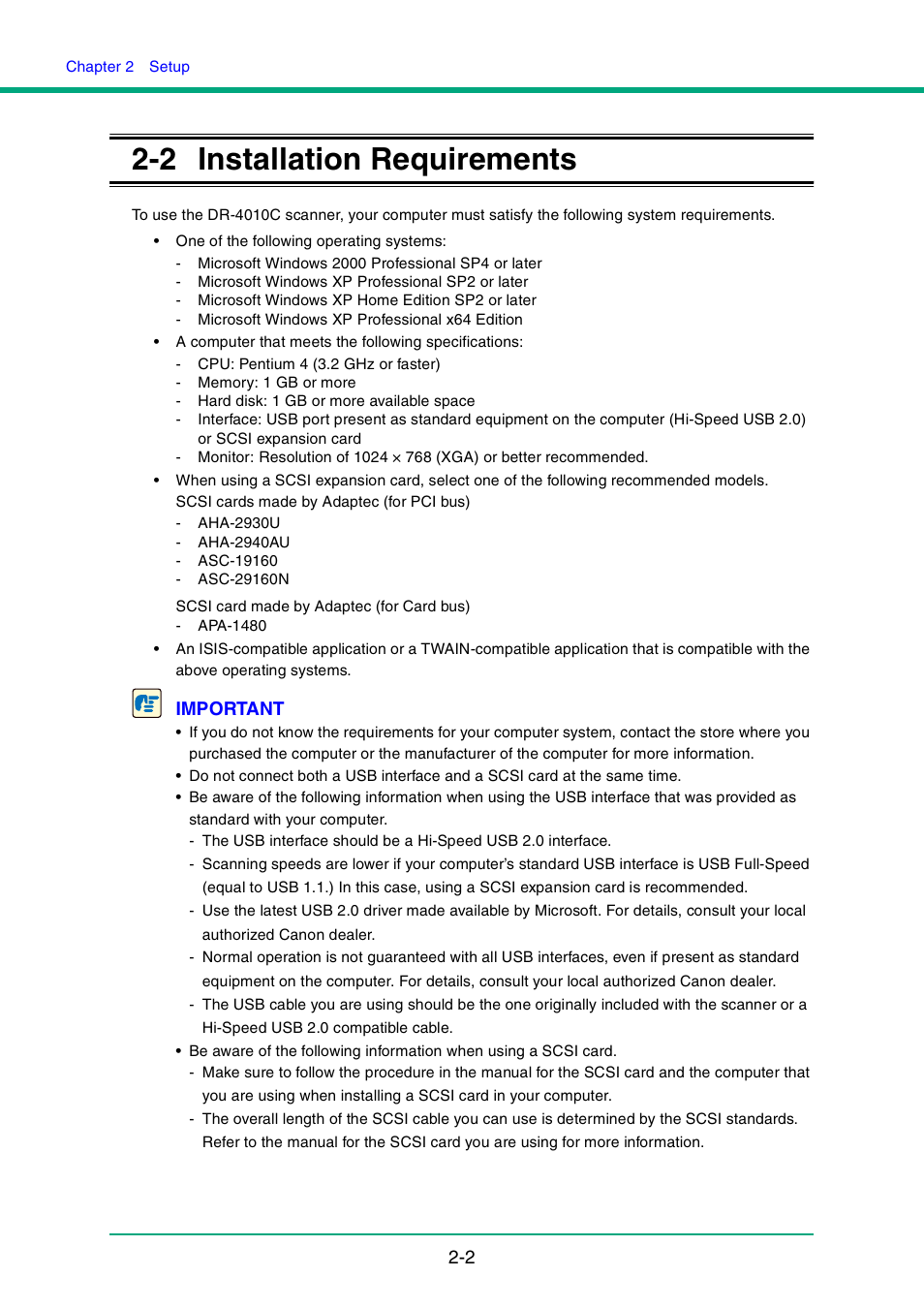 2 installation requirements, Installation requirements -2, See “2-2 installation requirements,” on p. 2-2.) | Installation requirements, Important | Canon DR-4010C User Manual | Page 17 / 142