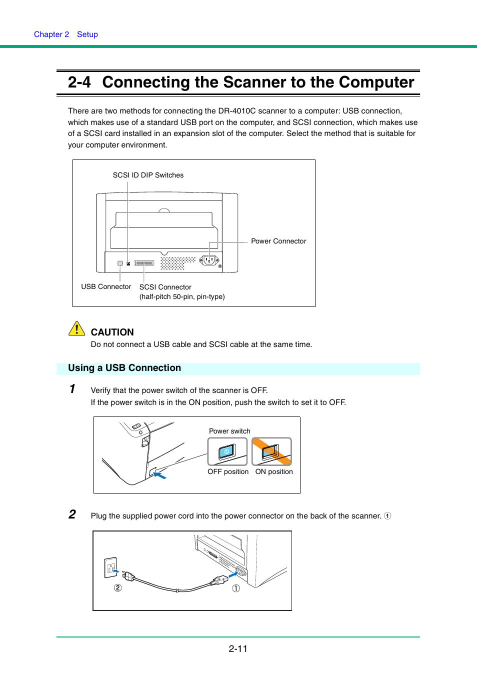 4 connecting the scanner to the computer, Using a usb connection, Connecting the scanner to the computer | Canon DR-4010C User Manual | Page 26 / 142