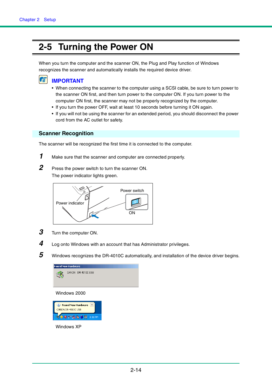 5 turning the power on, Scanner recognition, Turning the power on -14 scanner recognition -14 | See p. 2-14.), Turning the power on | Canon DR-4010C User Manual | Page 29 / 142