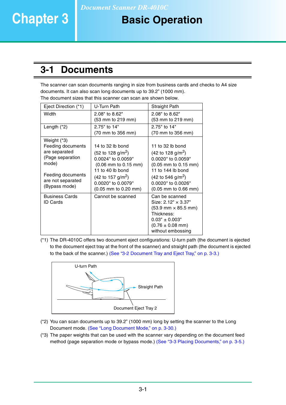 Chapter 3 basic operation, 1 documents, Chapter 3 | Basic operation -1, Documents -1, See “3-1 documents,” on p. 3-1.), Basic operation | Canon DR-4010C User Manual | Page 31 / 142