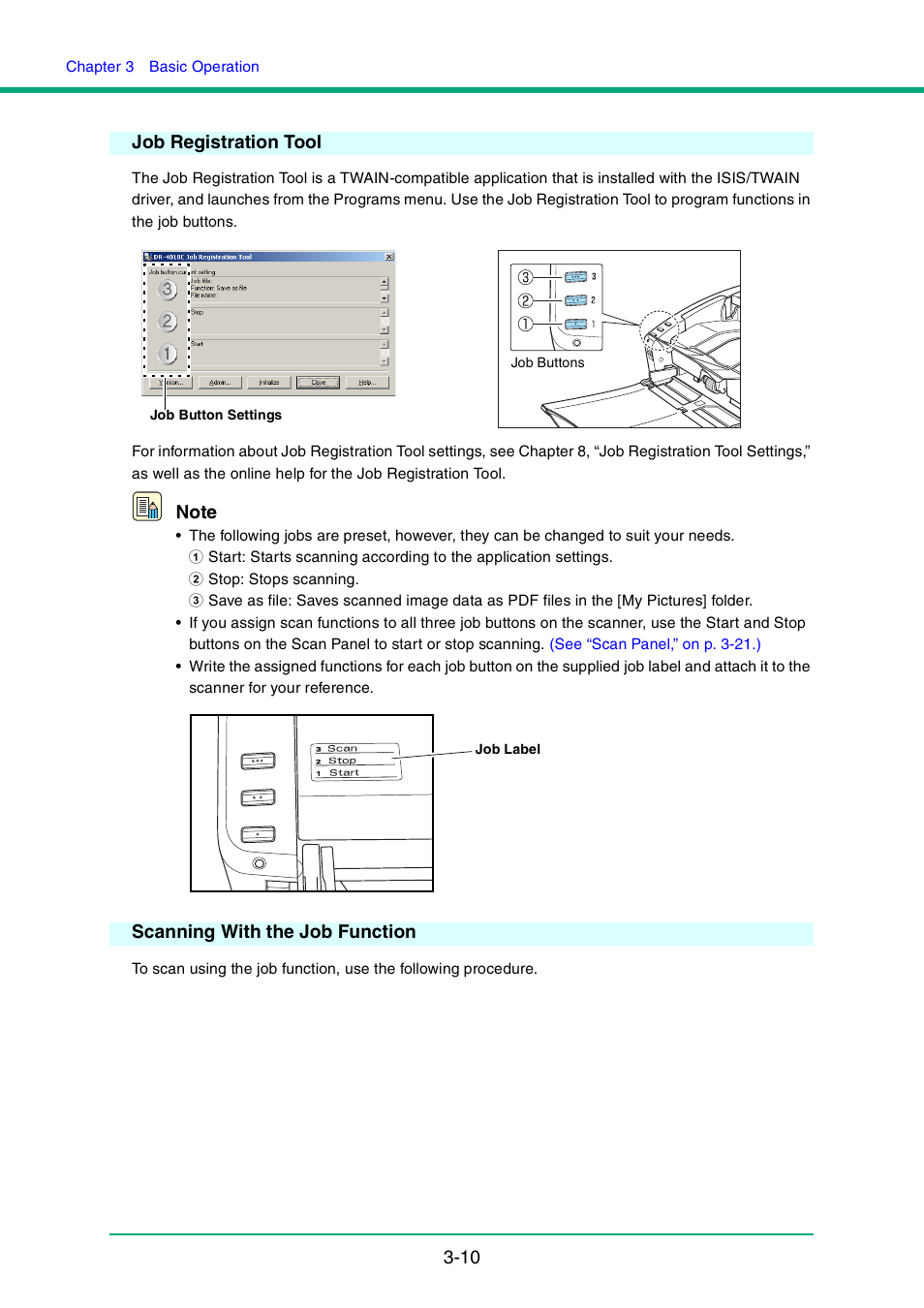 Job registration tool, Scanning with the job function, See “job registration tool,” on p. 3 | Canon DR-4010C User Manual | Page 40 / 142