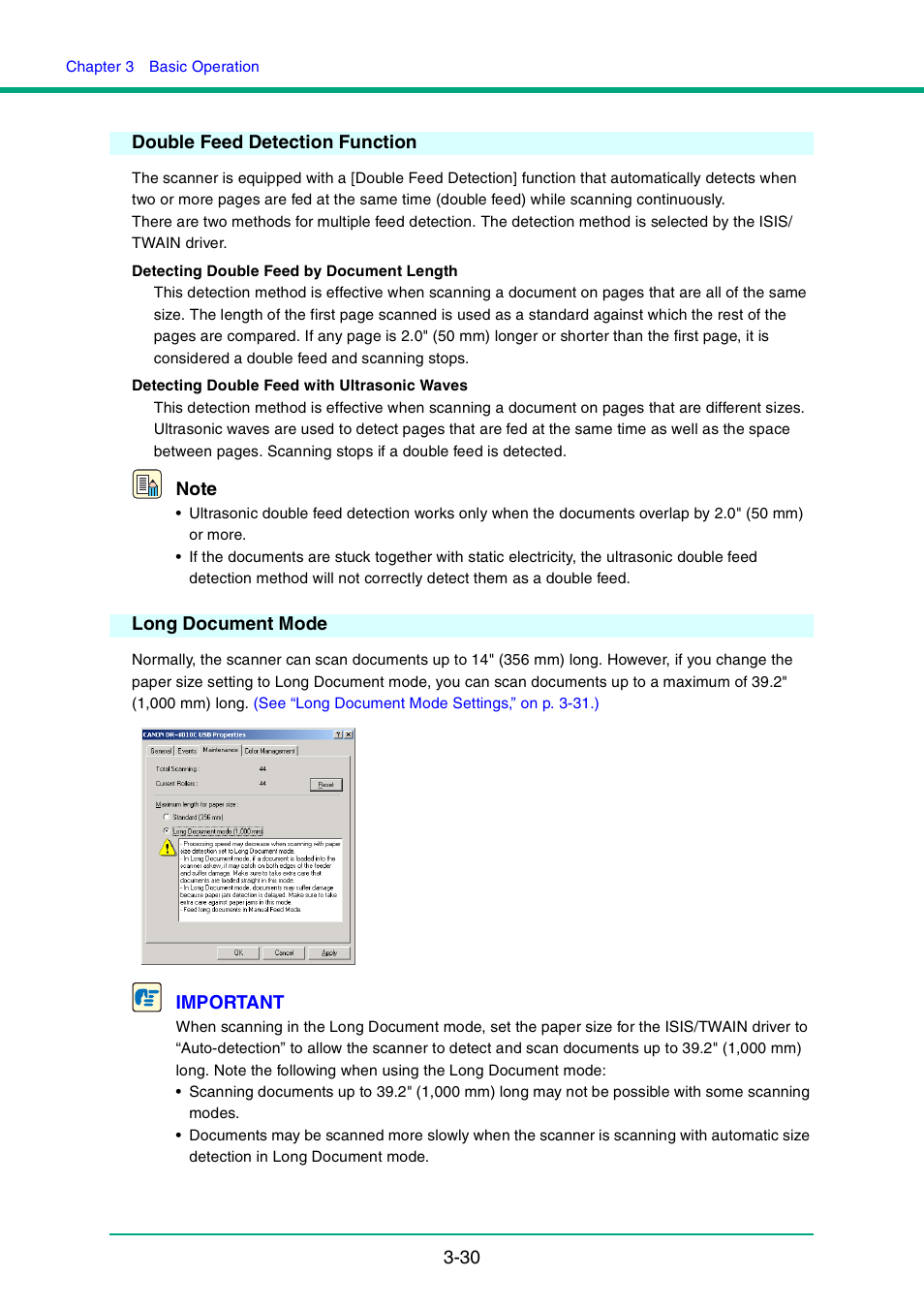 Double feed detection function, Long document mode, See “double feed detection function,” on p. 3-30.) | See “long document mode,” on p. 3-30.) | Canon DR-4010C User Manual | Page 60 / 142