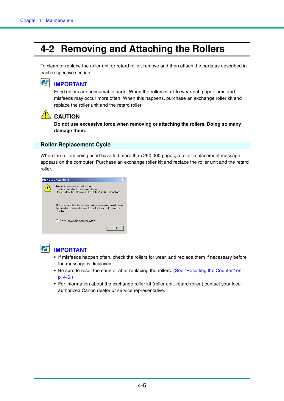 2 removing and attaching the rollers, Roller replacement cycle | Canon DR-4010C User Manual | Page 69 / 142