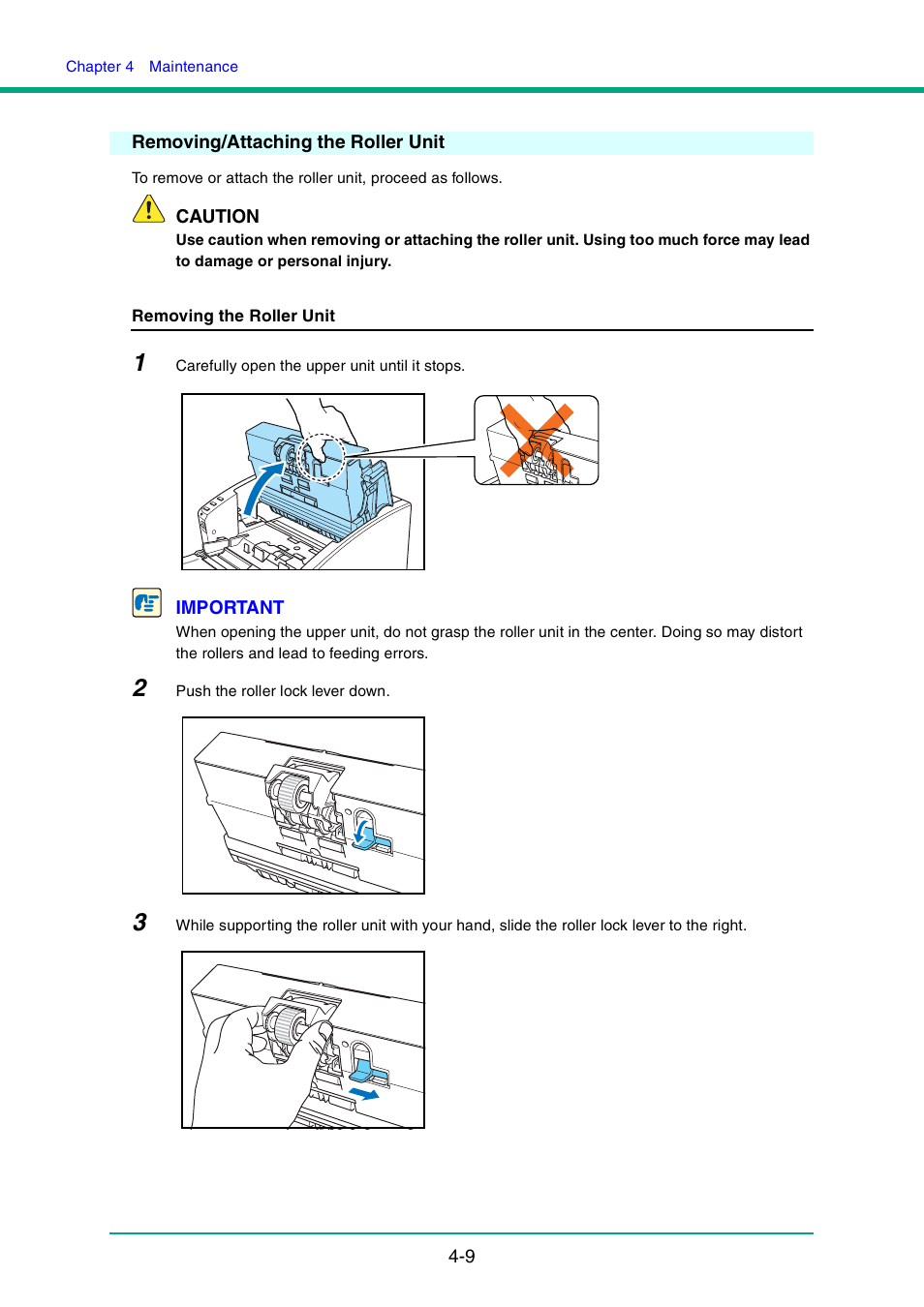 Removing/attaching the roller unit, Removing/attaching the roller unit -9, See “removing the roller unit,” on p. 4-9 | Canon DR-4010C User Manual | Page 73 / 142