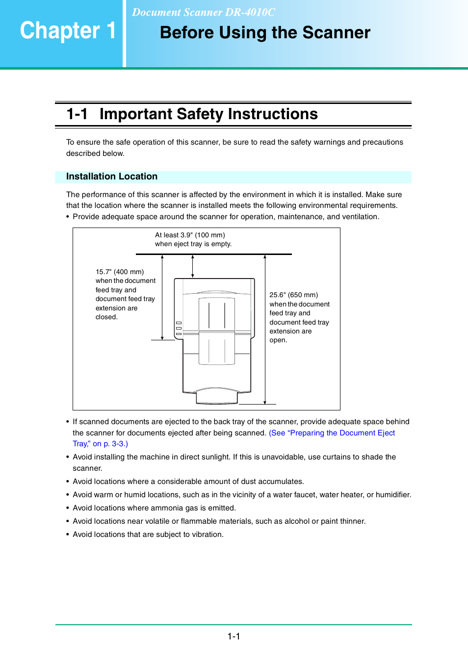 Chapter 1 before using the scanner, 1 important safety instructions, Installation location | Apter 1, Before using the scanner -1, Chapter 1, Before using the scanner | Canon DR-4010C User Manual | Page 8 / 142