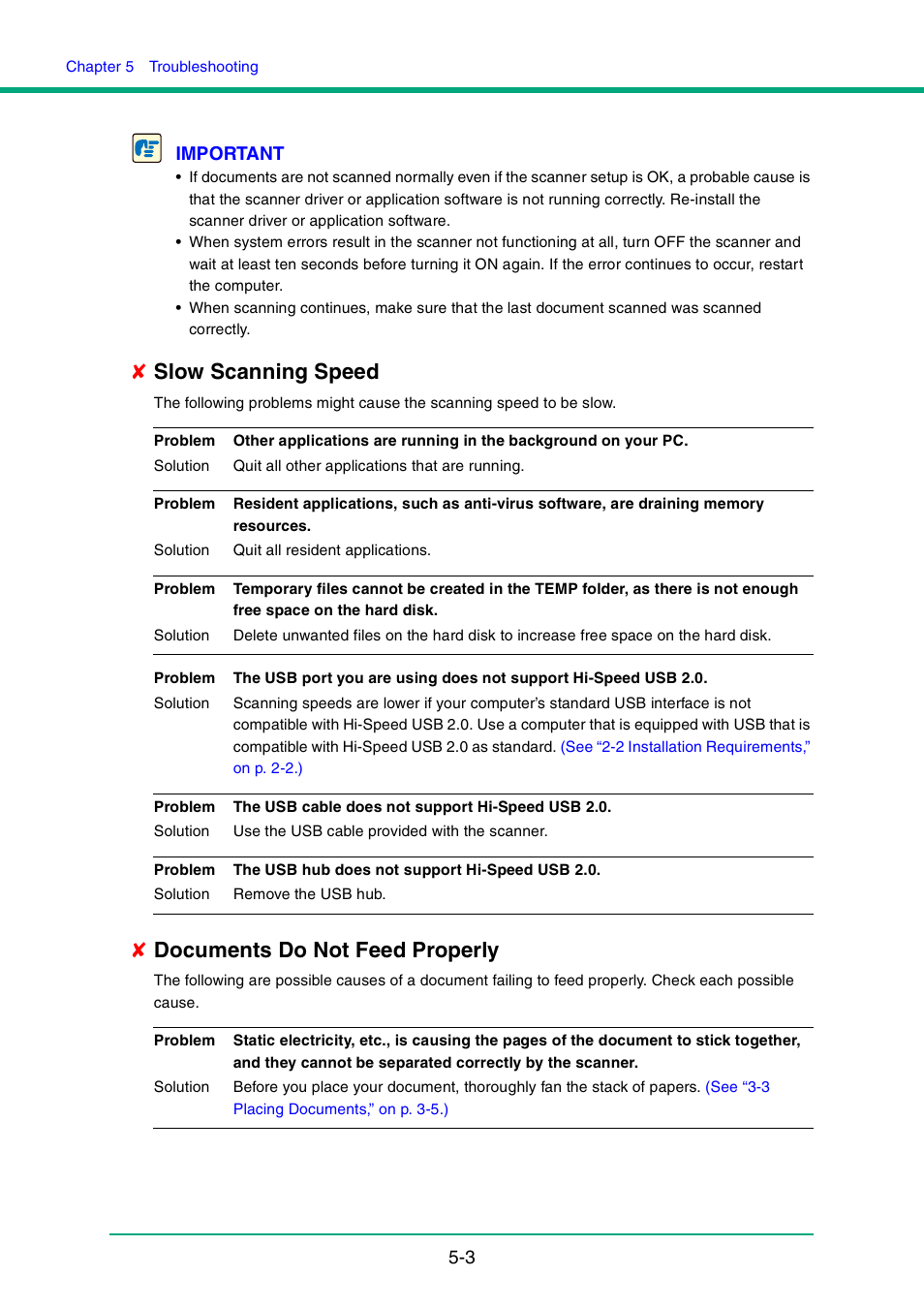 Slow scanning speed, P.5-3, Documents do not feed properly | Canon DR-4010C User Manual | Page 81 / 142