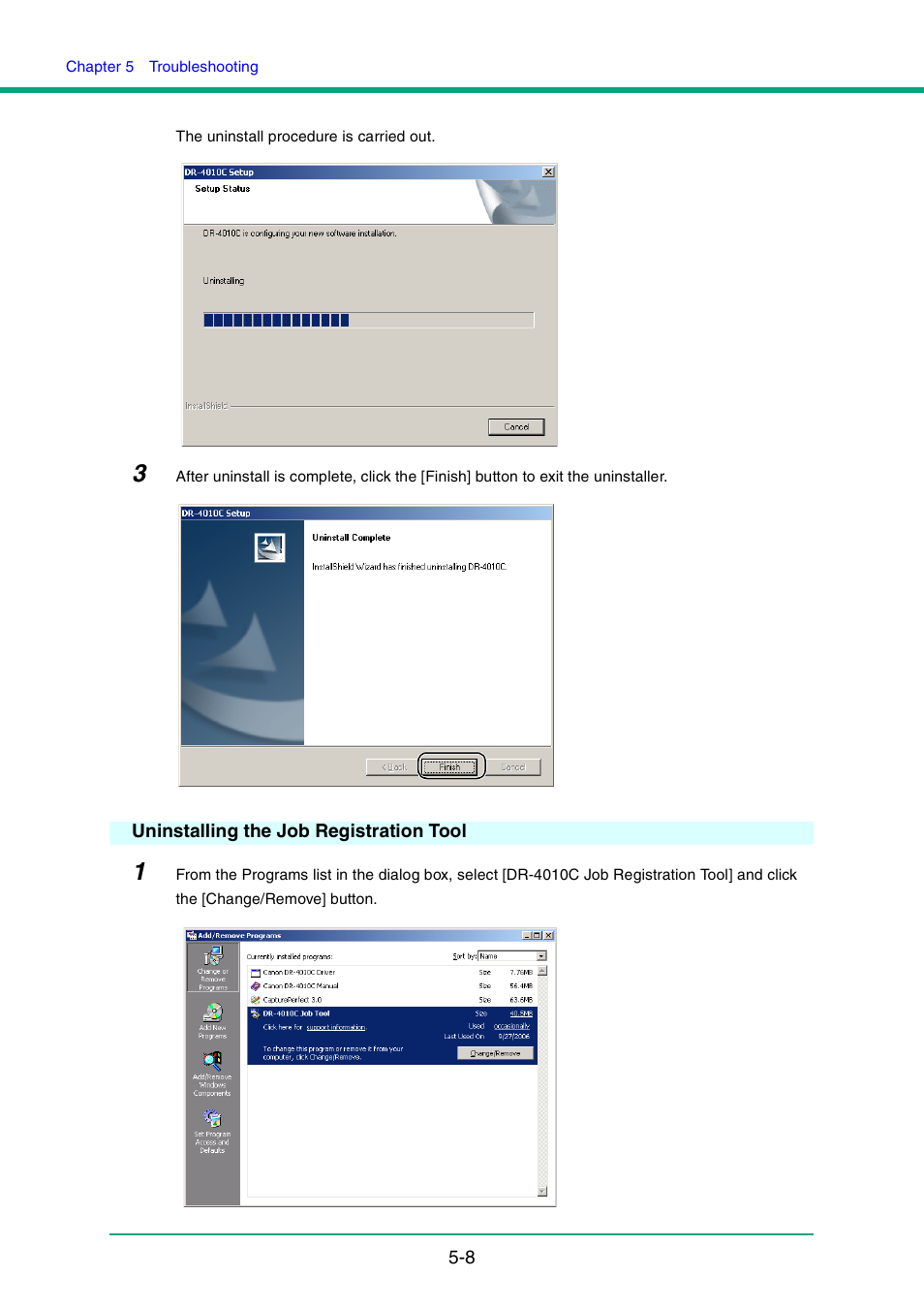 Uninstalling the job registration tool, Uninstalling the job registration tool -8, Uninstalling the job registration tool,” on p. 5-8 | Canon DR-4010C User Manual | Page 86 / 142