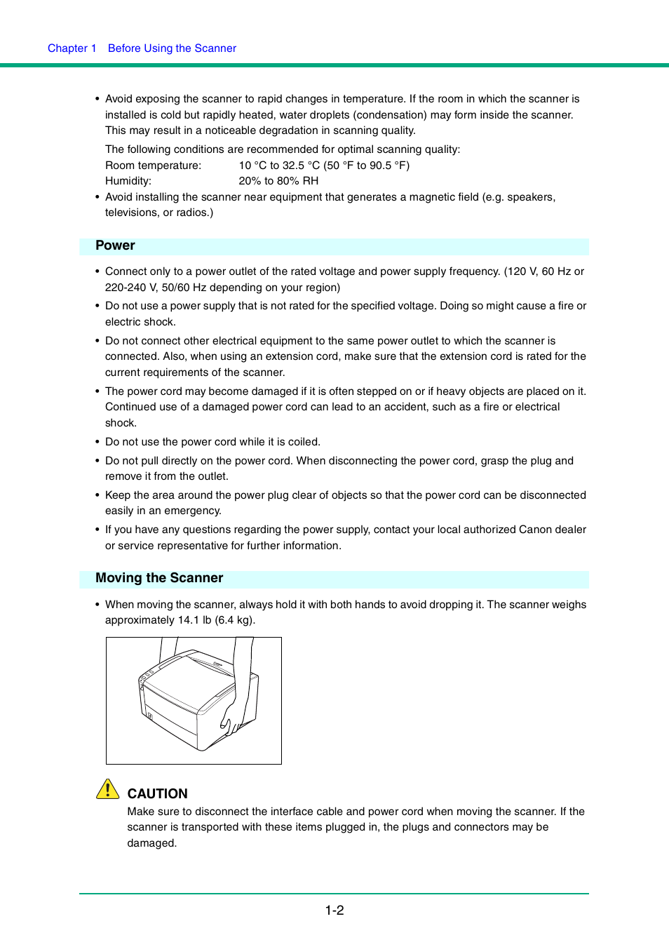 Power, Moving the scanner, Power -2 moving the scanner -2 | Caution | Canon DR-4010C User Manual | Page 9 / 142