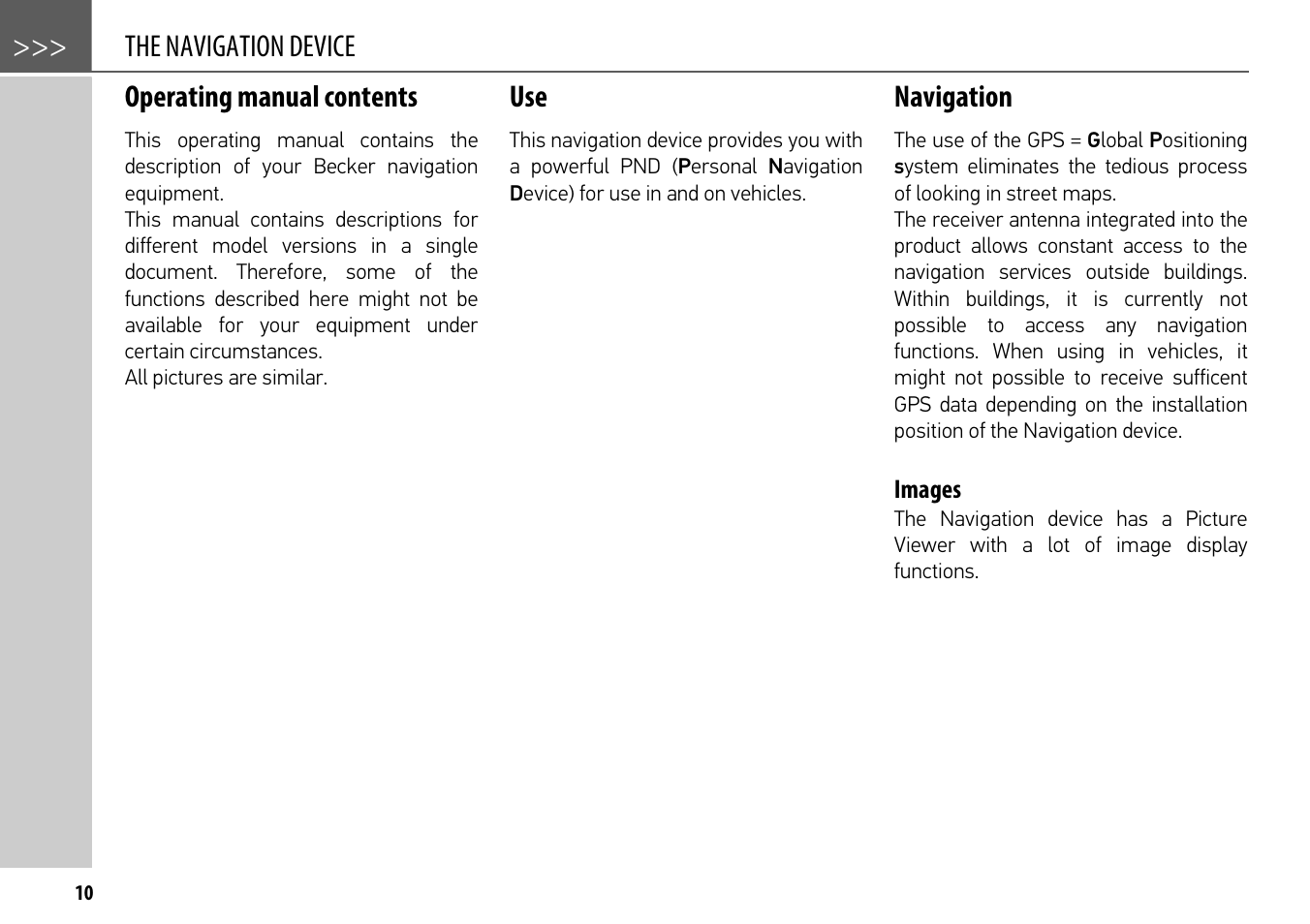 The navigation device, Operating manual contents, Navigation | Images, The navigation device operating manual contents | Becker mamba.4 LMU plus User Manual | Page 10 / 110