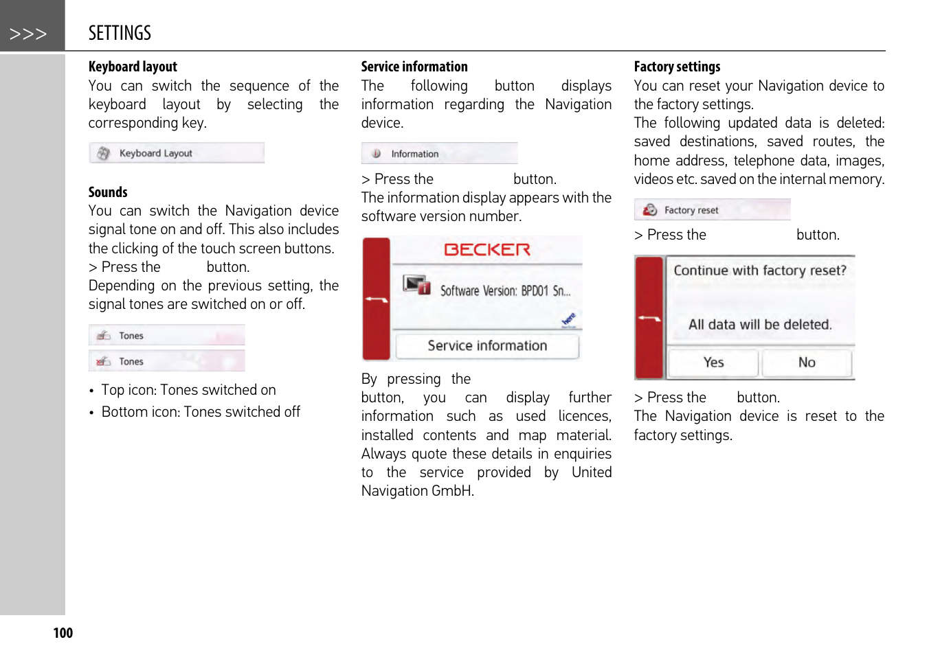 Keyboard layout, Sounds, Service information | Factory settings, Settings | Becker mamba.4 LMU plus User Manual | Page 100 / 110