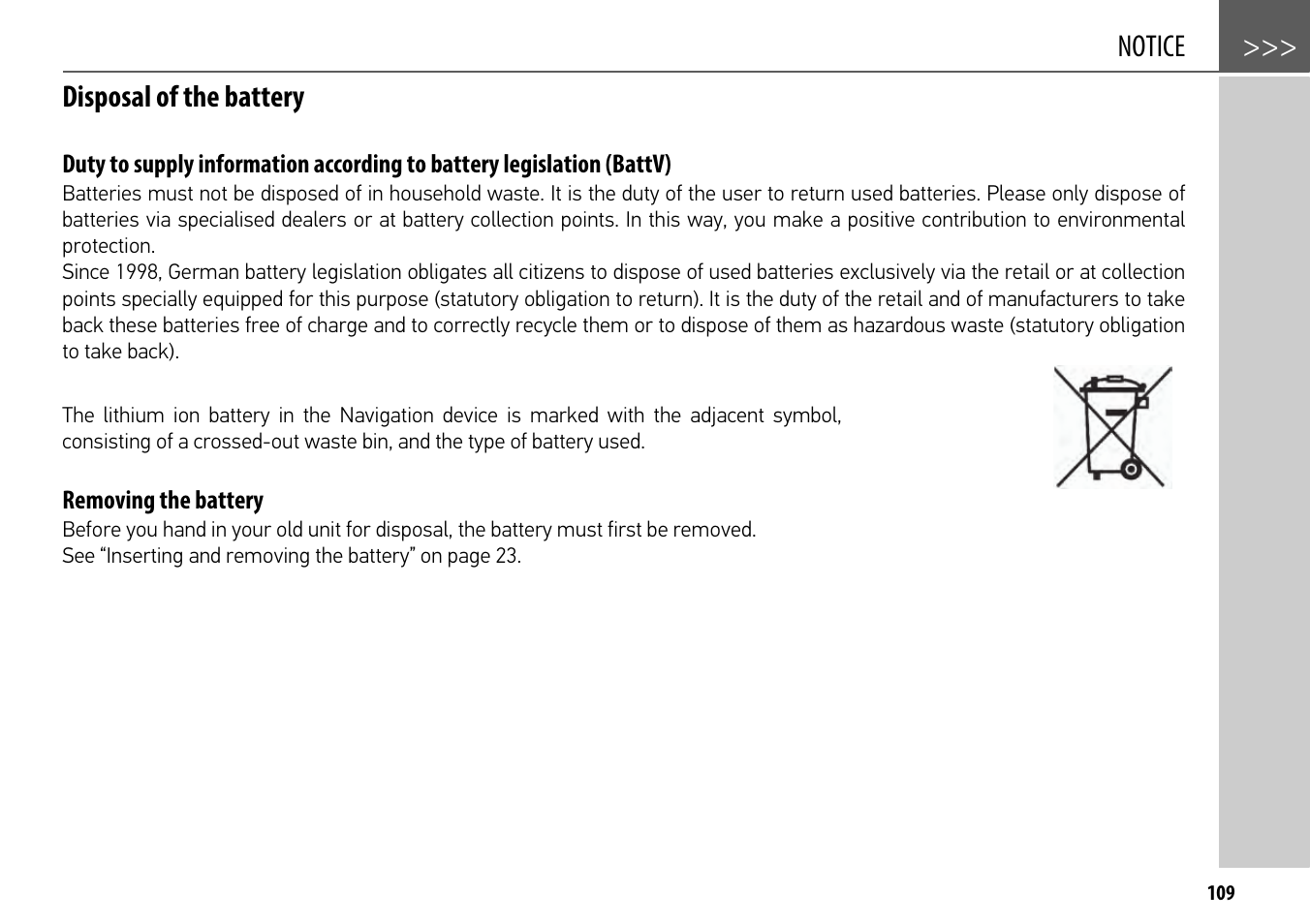 Disposal of the battery, Removing the battery, Notice >>> disposal of the battery | Becker mamba.4 LMU plus User Manual | Page 109 / 110