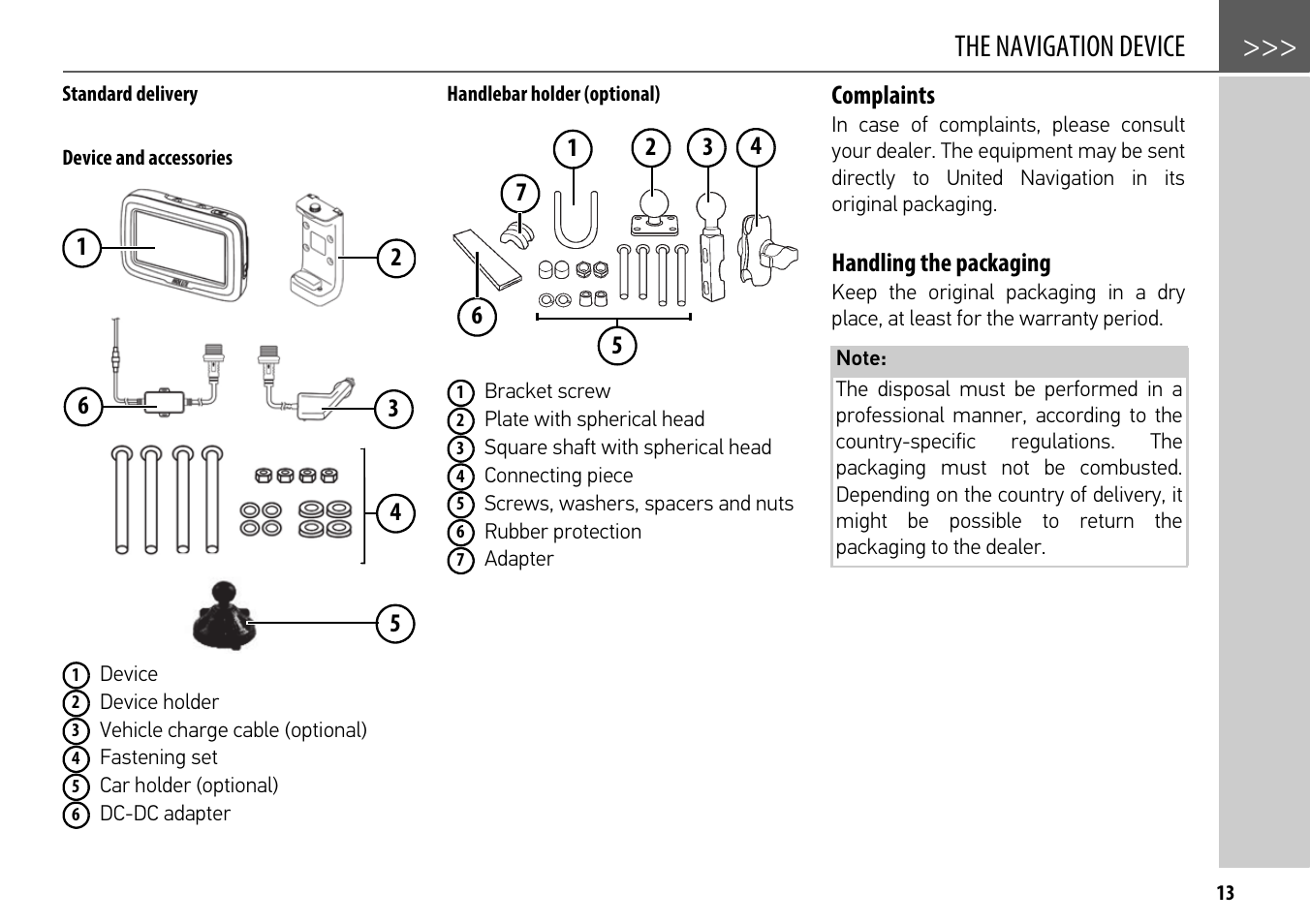 Standard delivery, Device and accessories, Handlebar holder (optional) | Complaints, Handling the packaging, The navigation device | Becker mamba.4 LMU plus User Manual | Page 13 / 110