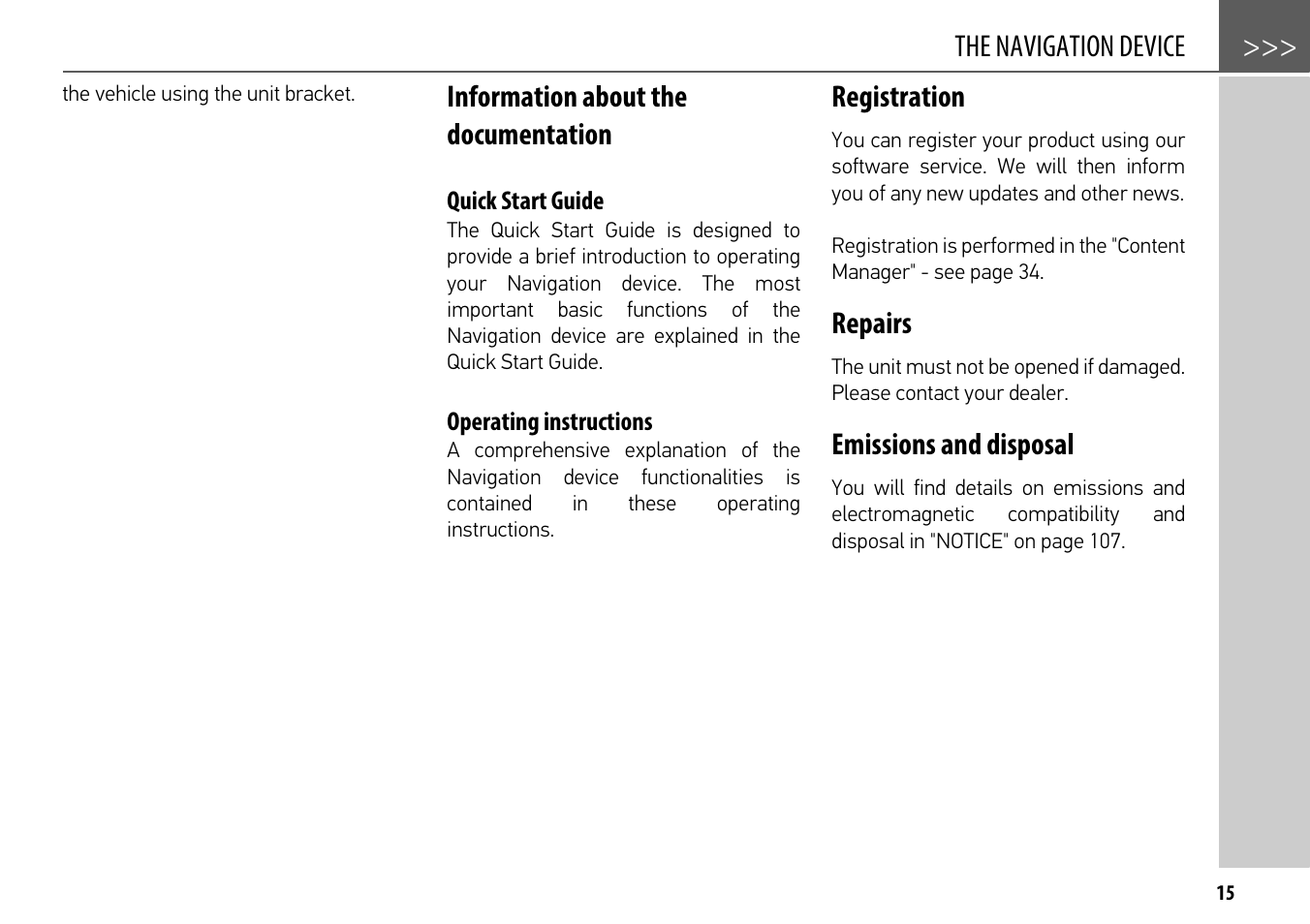 Information about the documentation, Quick start guide, Operating instructions | Registration, Repairs, Emissions and disposal, Information about the documentation 15, The navigation device | Becker mamba.4 LMU plus User Manual | Page 15 / 110