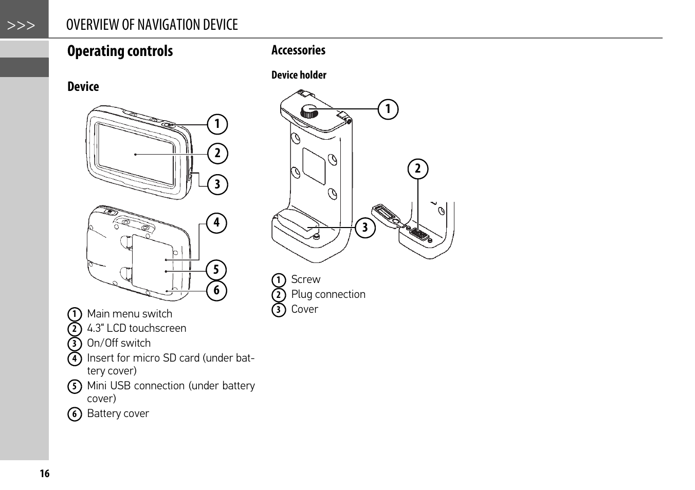 Operating controls, Device, Accessories | Device holder, Overview of navigation device operating controls | Becker mamba.4 LMU plus User Manual | Page 16 / 110