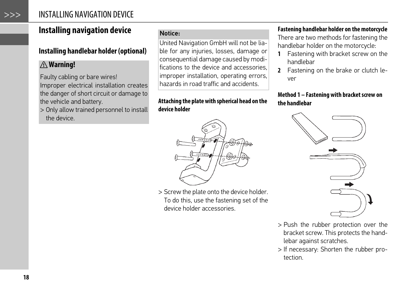 Installing navigation device, Installing handlebar holder (optional), Fastening handlebar holder on the motorcycle | Warning | Becker mamba.4 LMU plus User Manual | Page 18 / 110