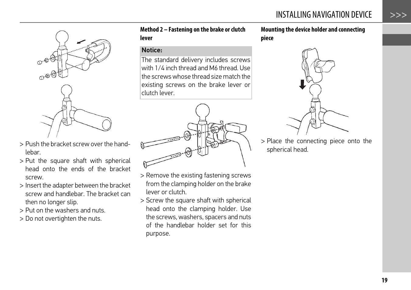 Method 2 – fastening on the brake or clutch lever, Mounting the device holder and connecting piece, Installing navigation device | Becker mamba.4 LMU plus User Manual | Page 19 / 110