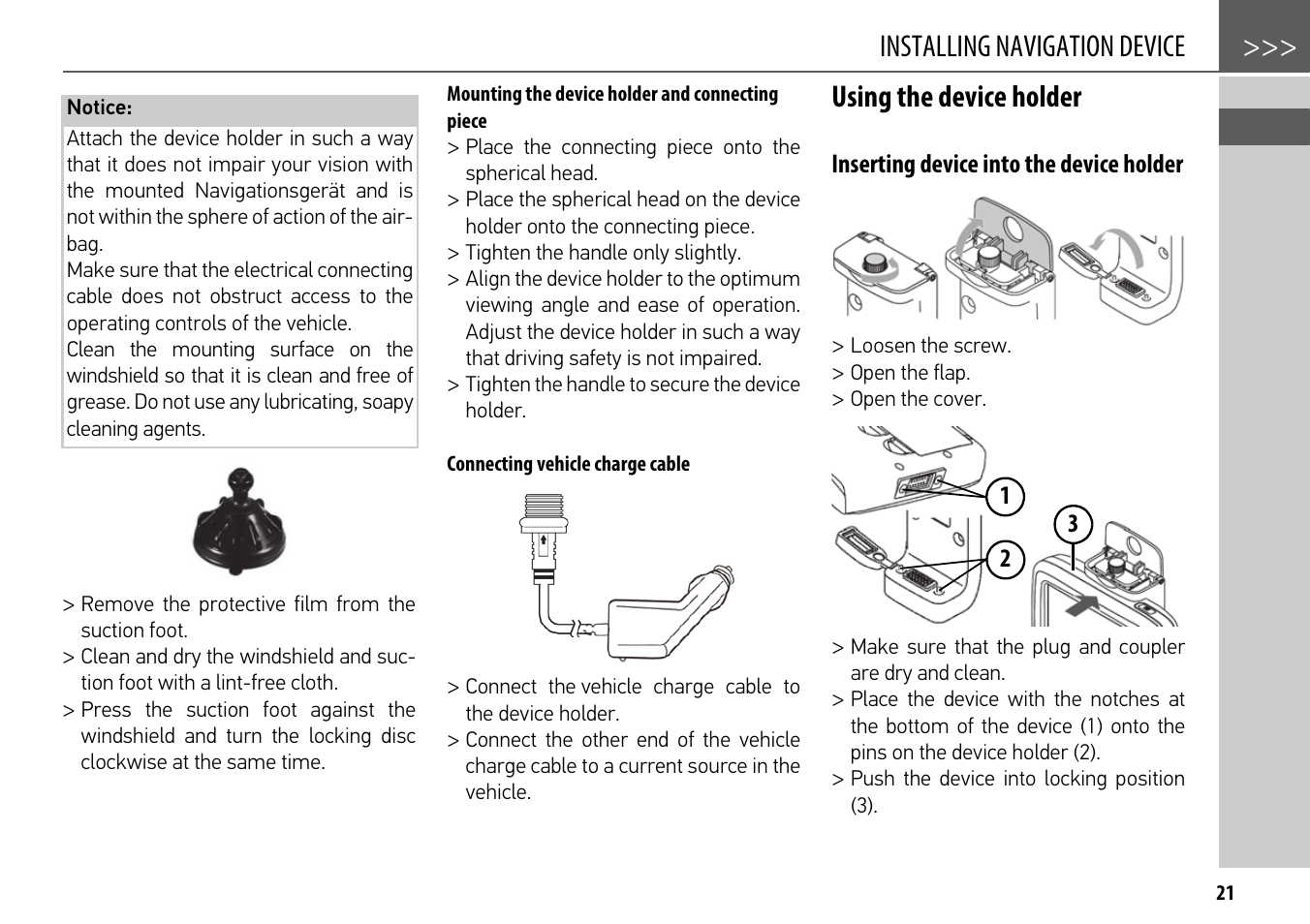 Mounting the device holder and connecting piece, Connecting vehicle charge cable, Using the device holder | Inserting device into the device holder, Installing navigation device | Becker mamba.4 LMU plus User Manual | Page 21 / 110