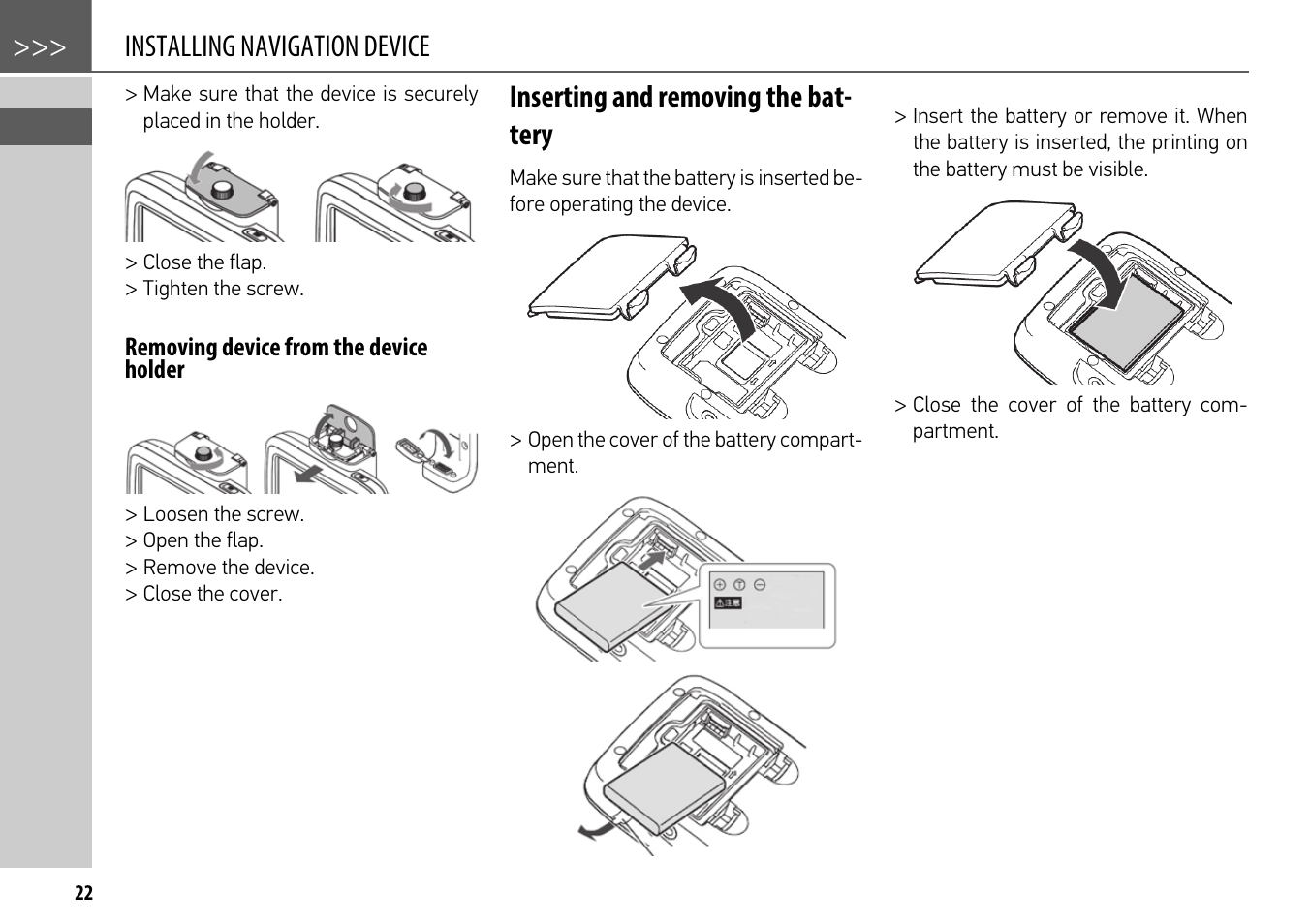 Removing device from the device holder, Inserting and removing the battery, Removing device from the device holder 22 | Installing navigation device, Inserting and removing the bat- tery | Becker mamba.4 LMU plus User Manual | Page 22 / 110