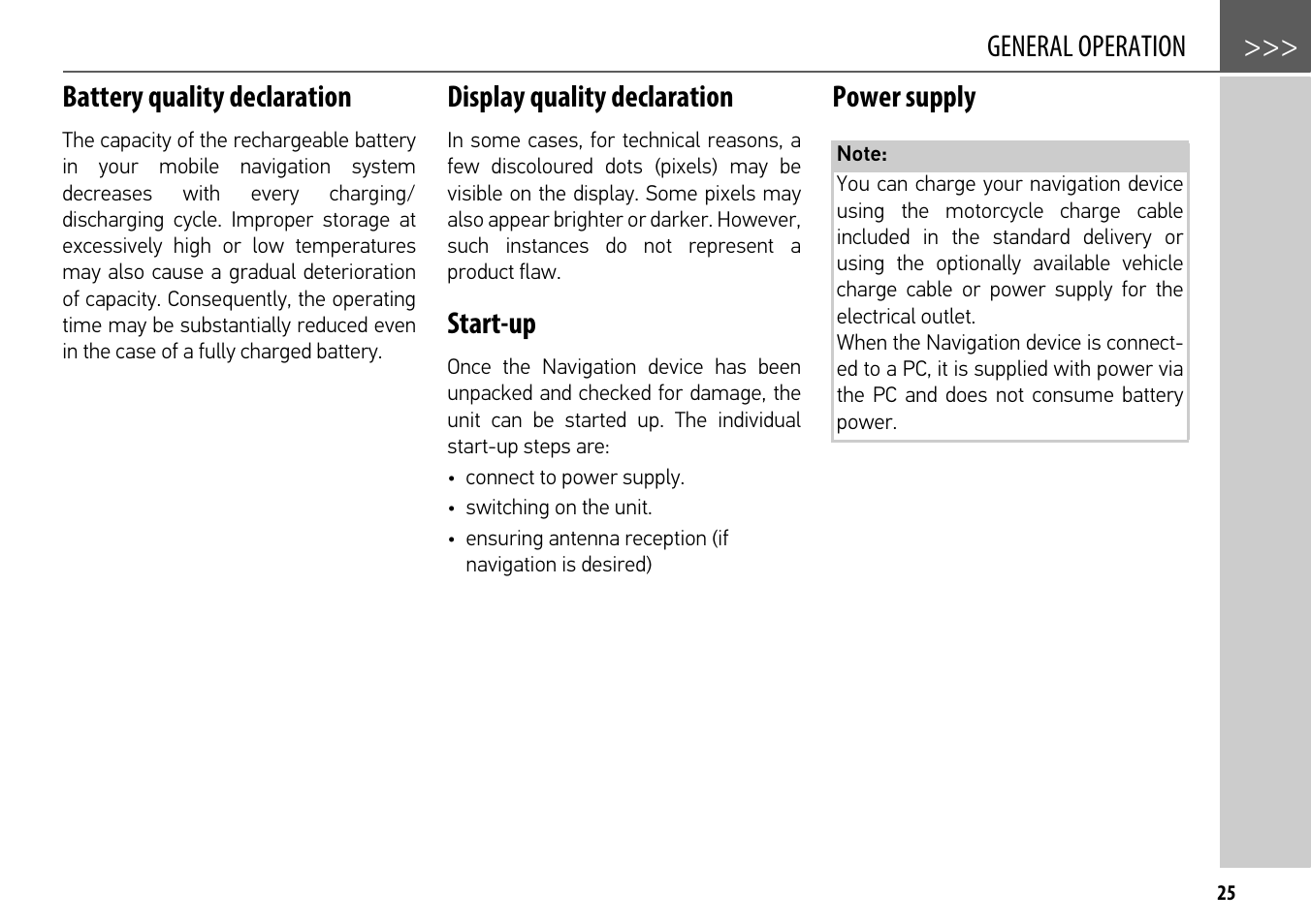 Battery quality declaration, Display quality declaration, Start-up | Power supply, General operation >>> battery quality declaration | Becker mamba.4 LMU plus User Manual | Page 25 / 110