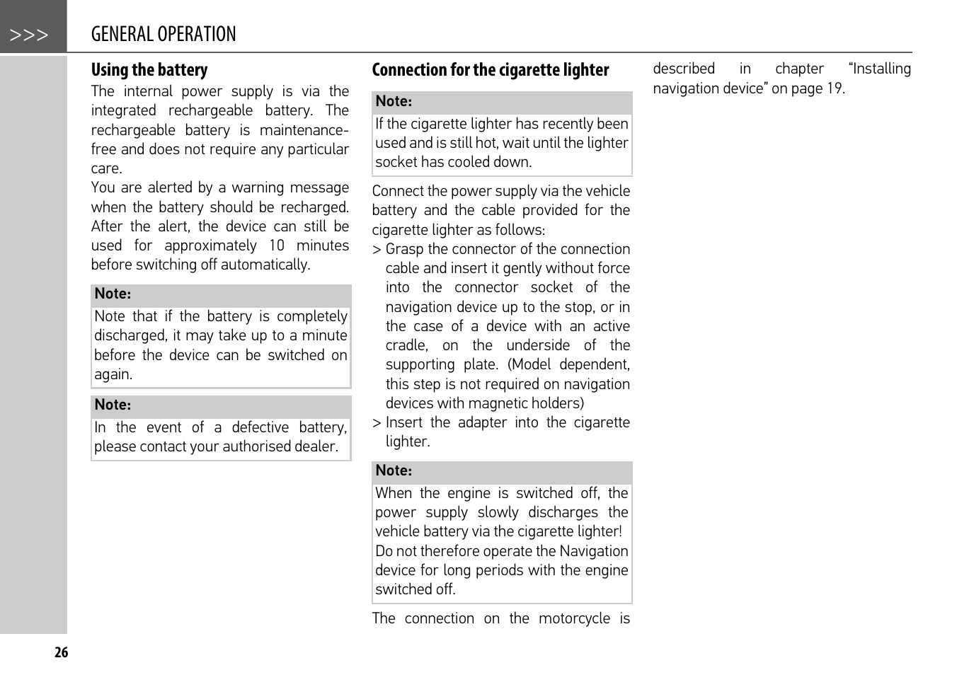 Using the battery, Connection for the cigarette lighter, General operation | Becker mamba.4 LMU plus User Manual | Page 26 / 110