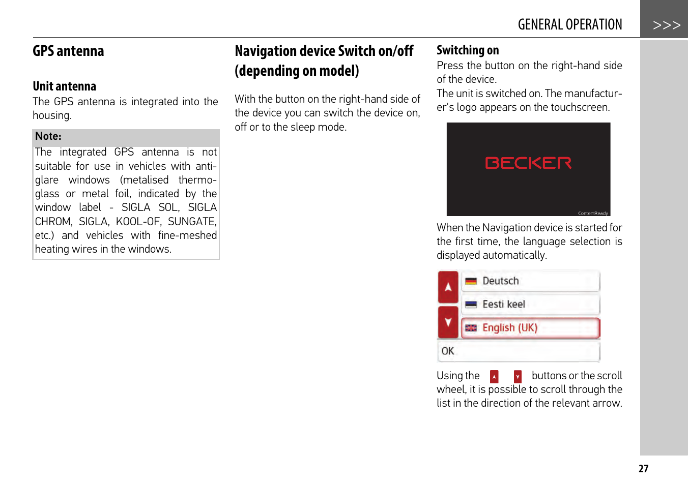 Gps antenna, Unit antenna, Switching on | Navigation device switch on/off, General operation >>> gps antenna | Becker mamba.4 LMU plus User Manual | Page 27 / 110