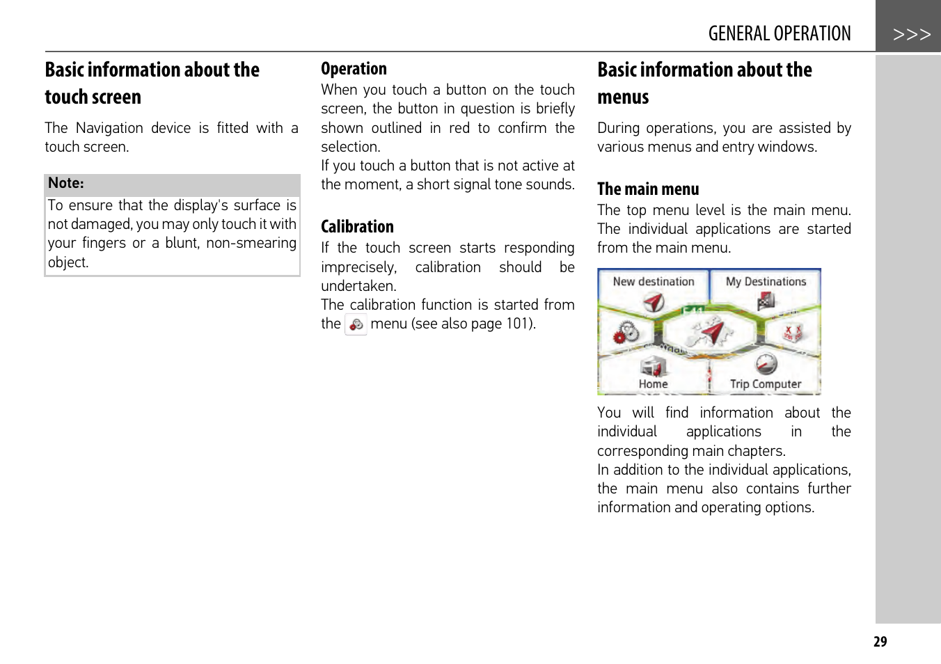 Basic information about the touch screen, Operation, Calibration | Basic information about the menus, The main menu, Basic information about the menus 29 | Becker mamba.4 LMU plus User Manual | Page 29 / 110