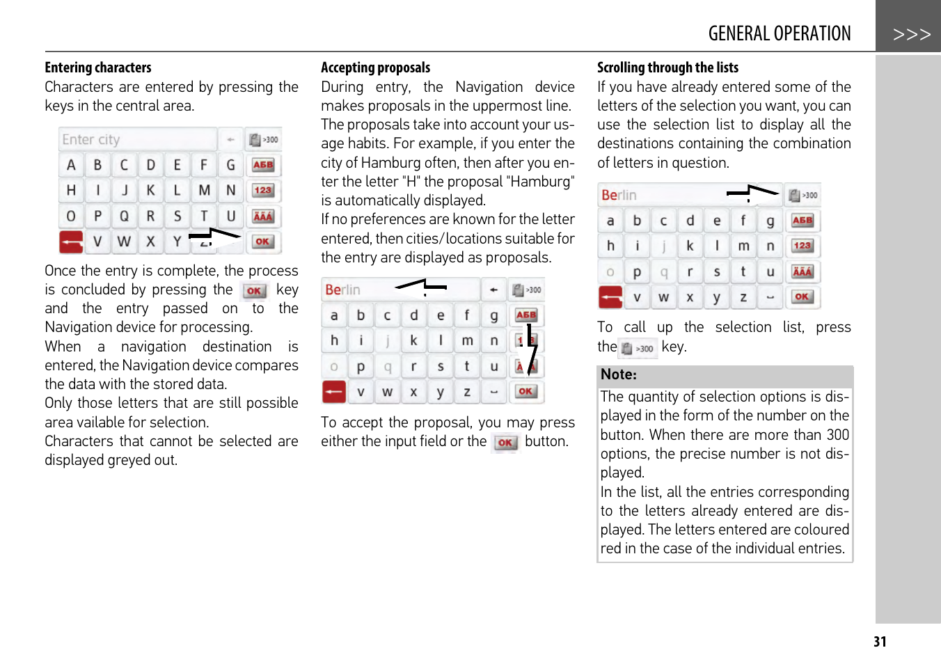 Entering characters, Accepting proposals, Scrolling through the lists | General operation | Becker mamba.4 LMU plus User Manual | Page 31 / 110